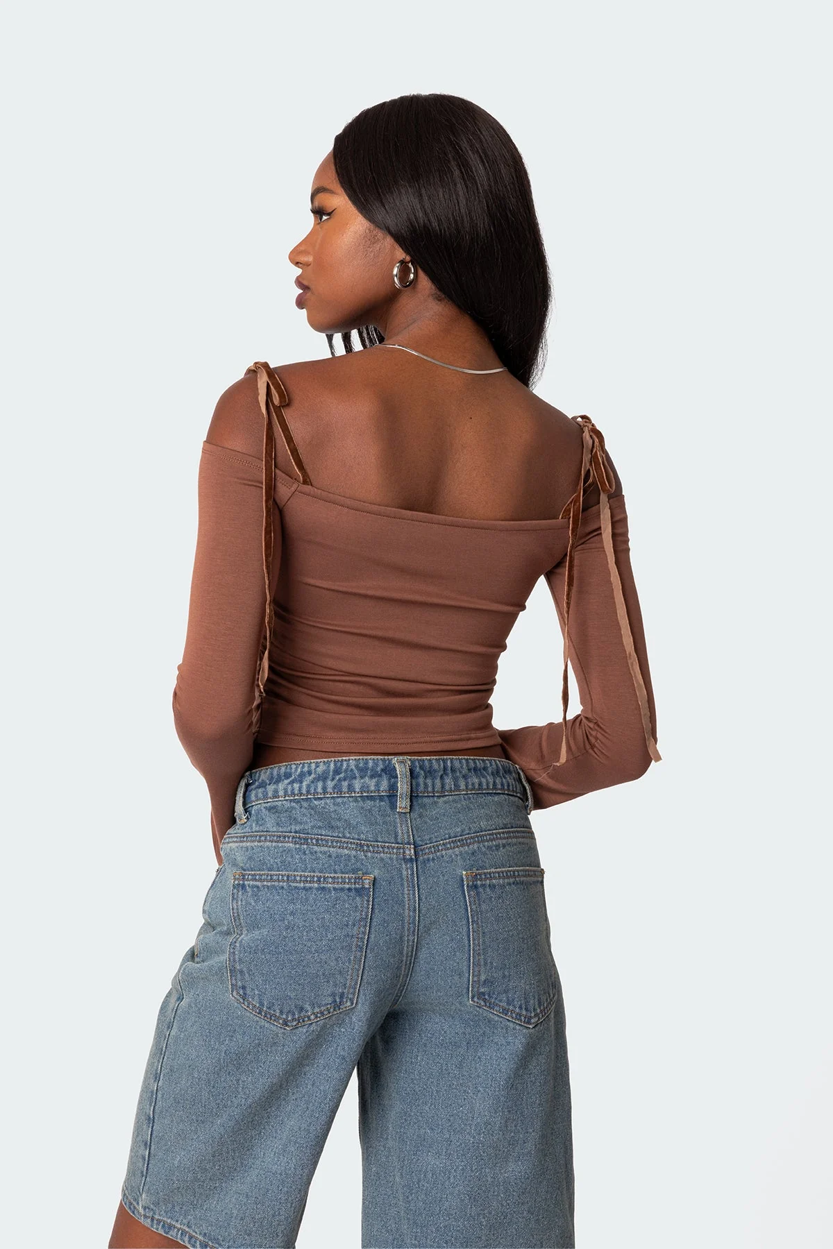 Brown Velvet Off Shoulder Bell Sleeve Top