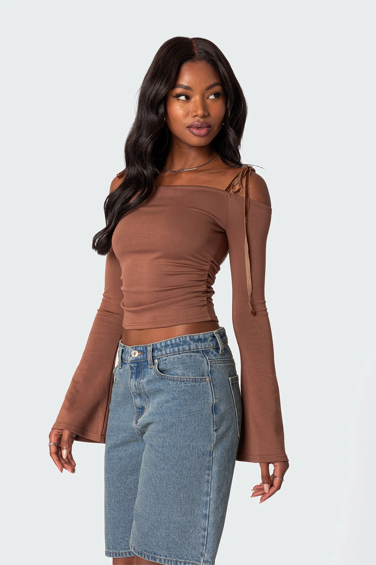 Brown Velvet Off Shoulder Bell Sleeve Top