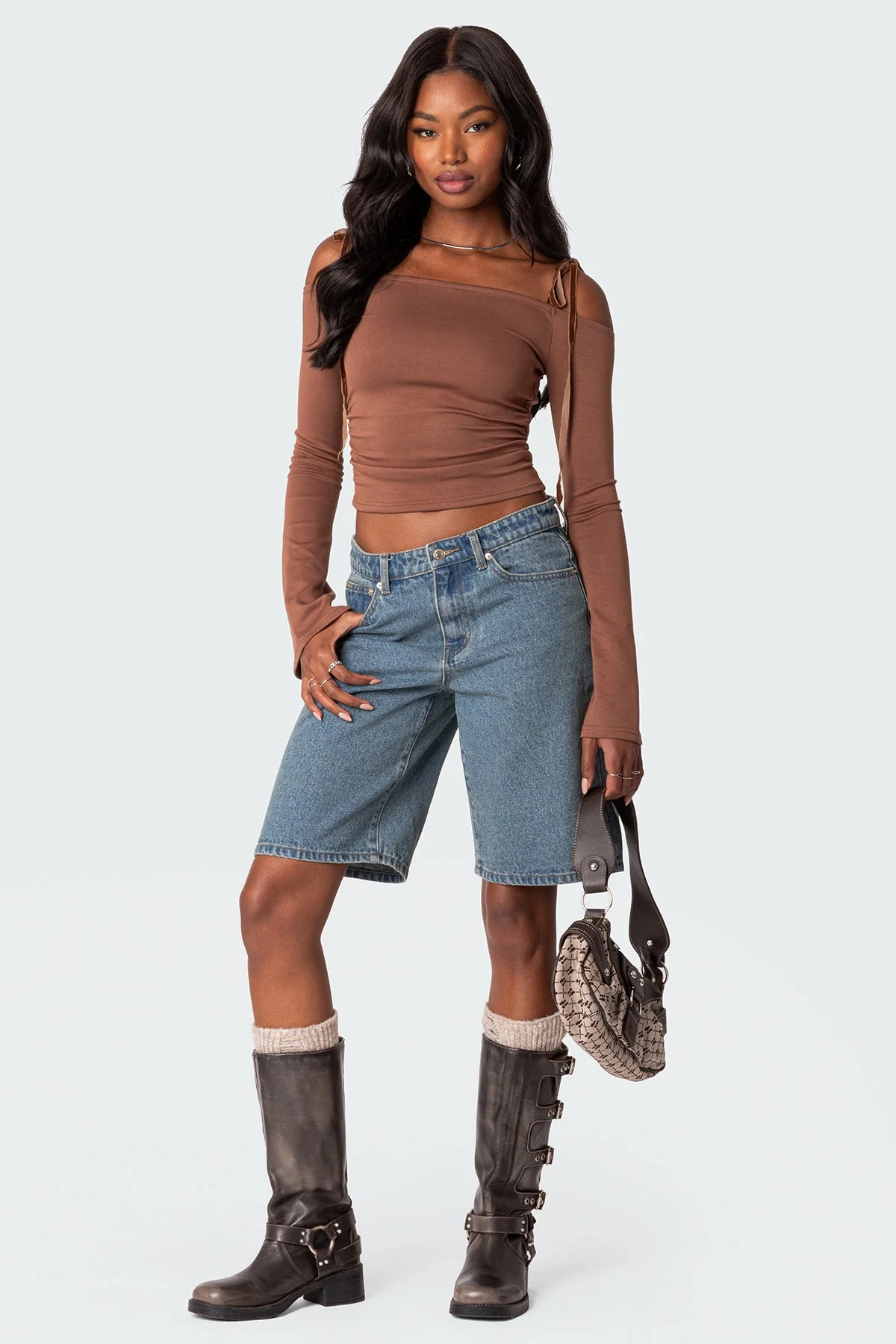 Brown Velvet Off Shoulder Bell Sleeve Top