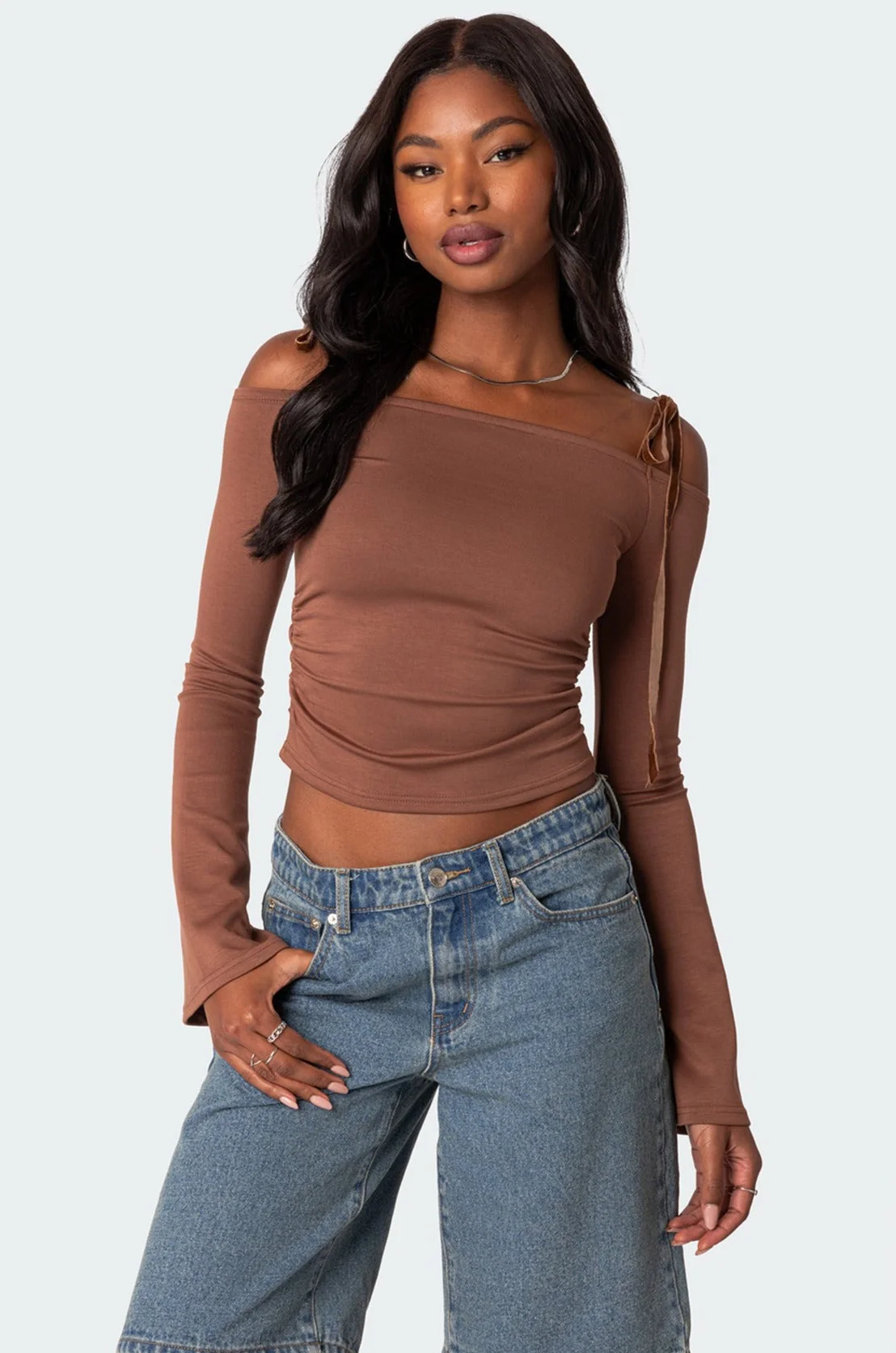Brown Velvet Off Shoulder Bell Sleeve Top
