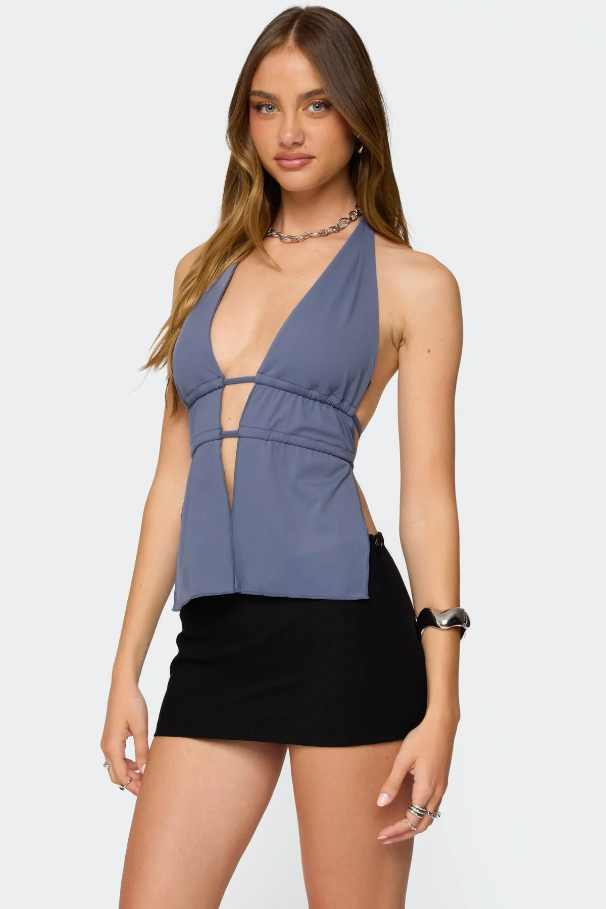Blue Split Front Halter Top for Women