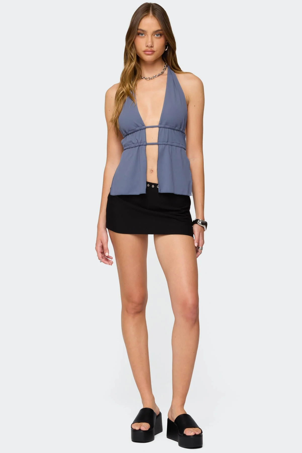 Blue Split Front Halter Top for Women