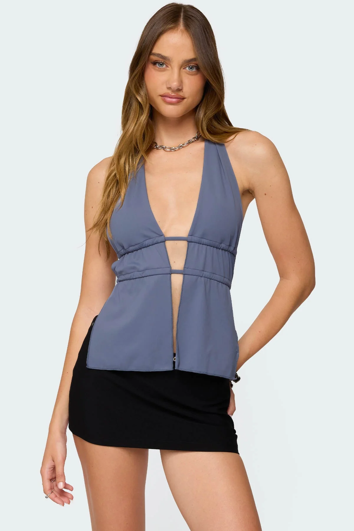 Blue Split Front Halter Top for Women