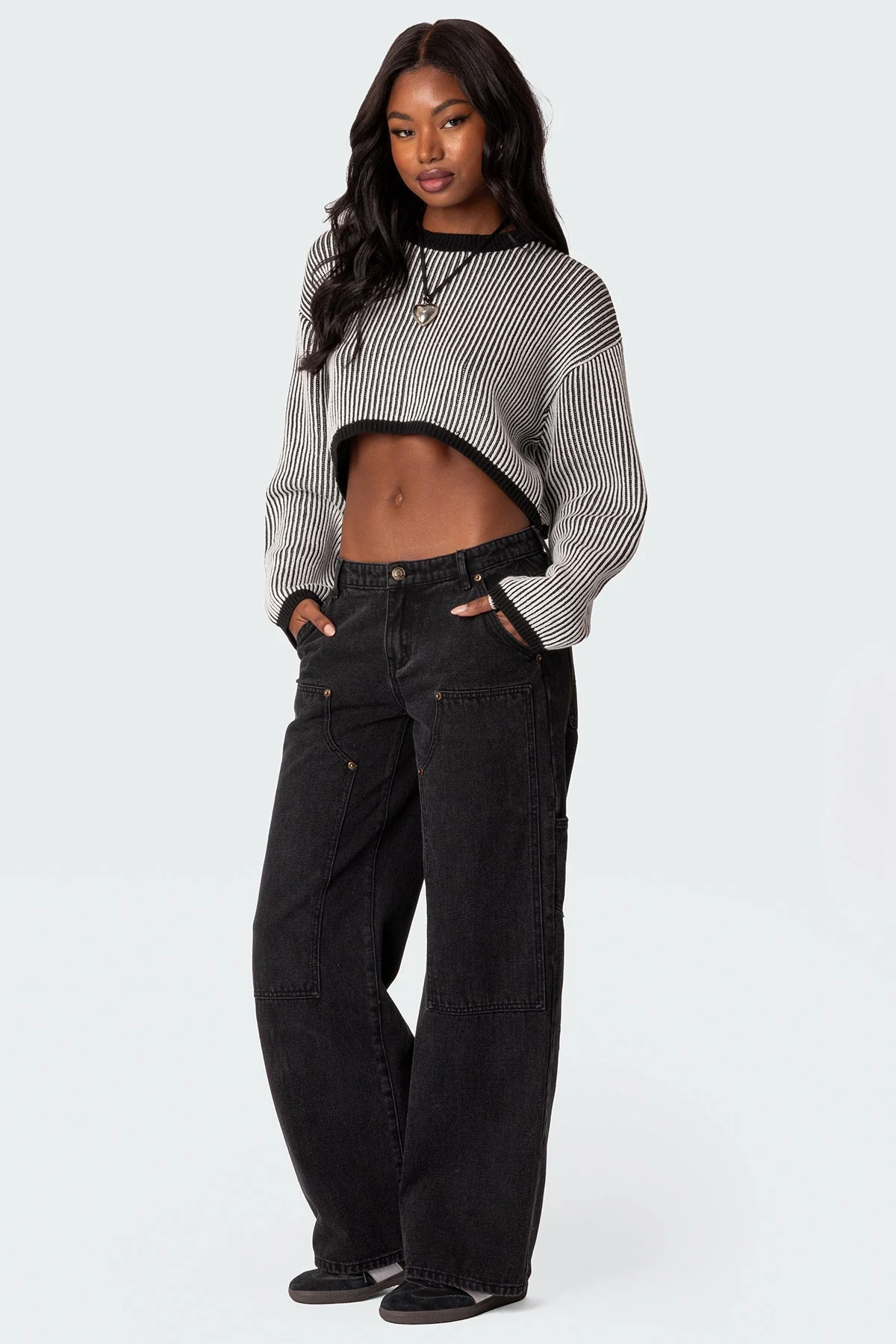 Textured Knit Cropped Sweater in Black and White