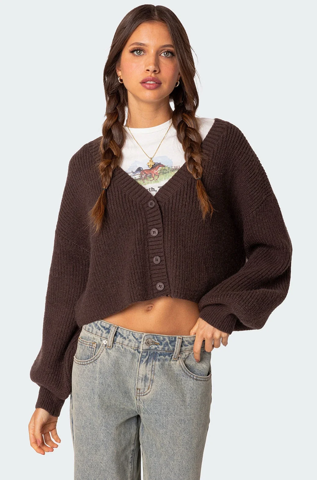 Brown Chunky Knit Cropped Cardigan XS-XL Womens Sweater