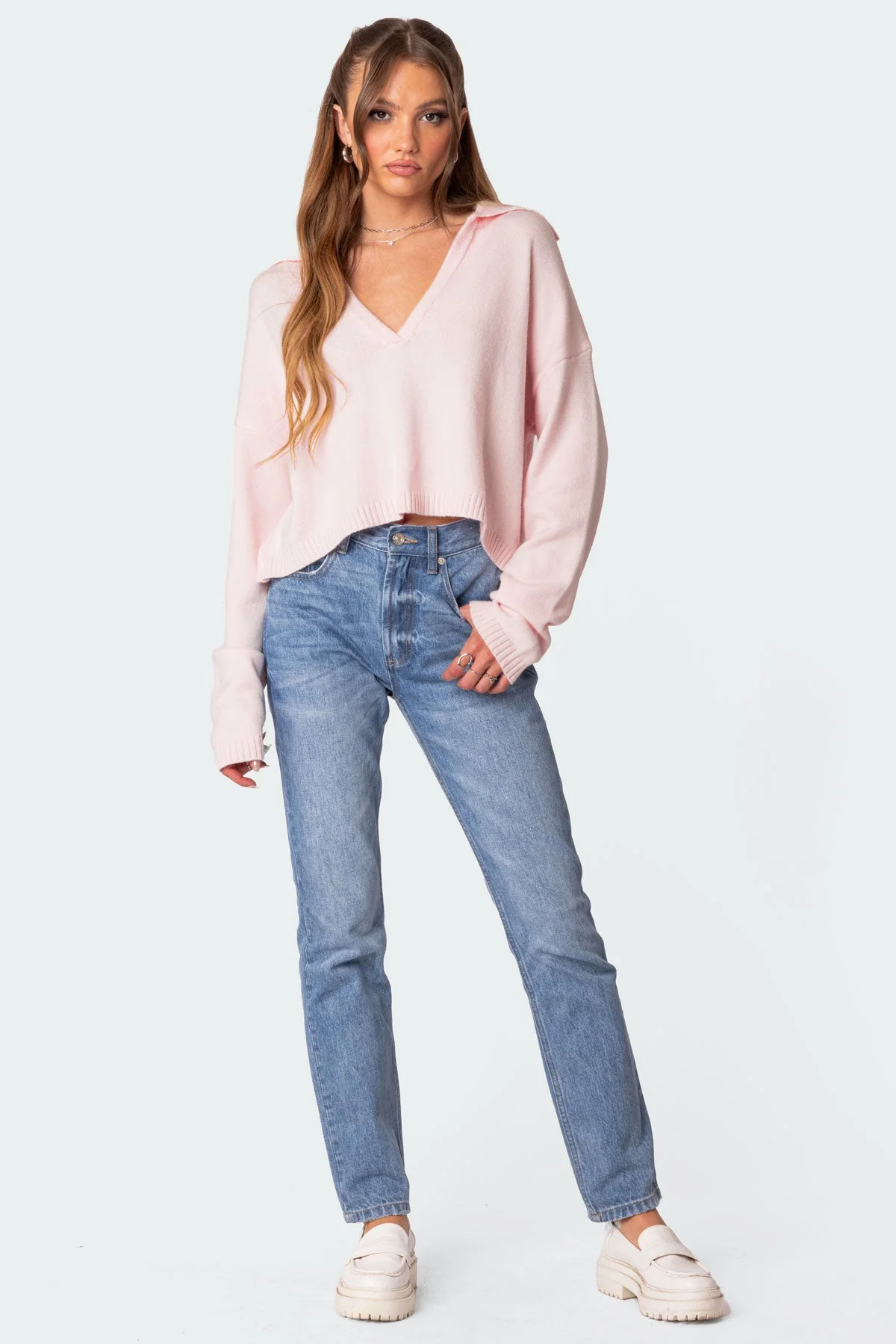 Light Pink Oversize V-Neck Cropped Sweater