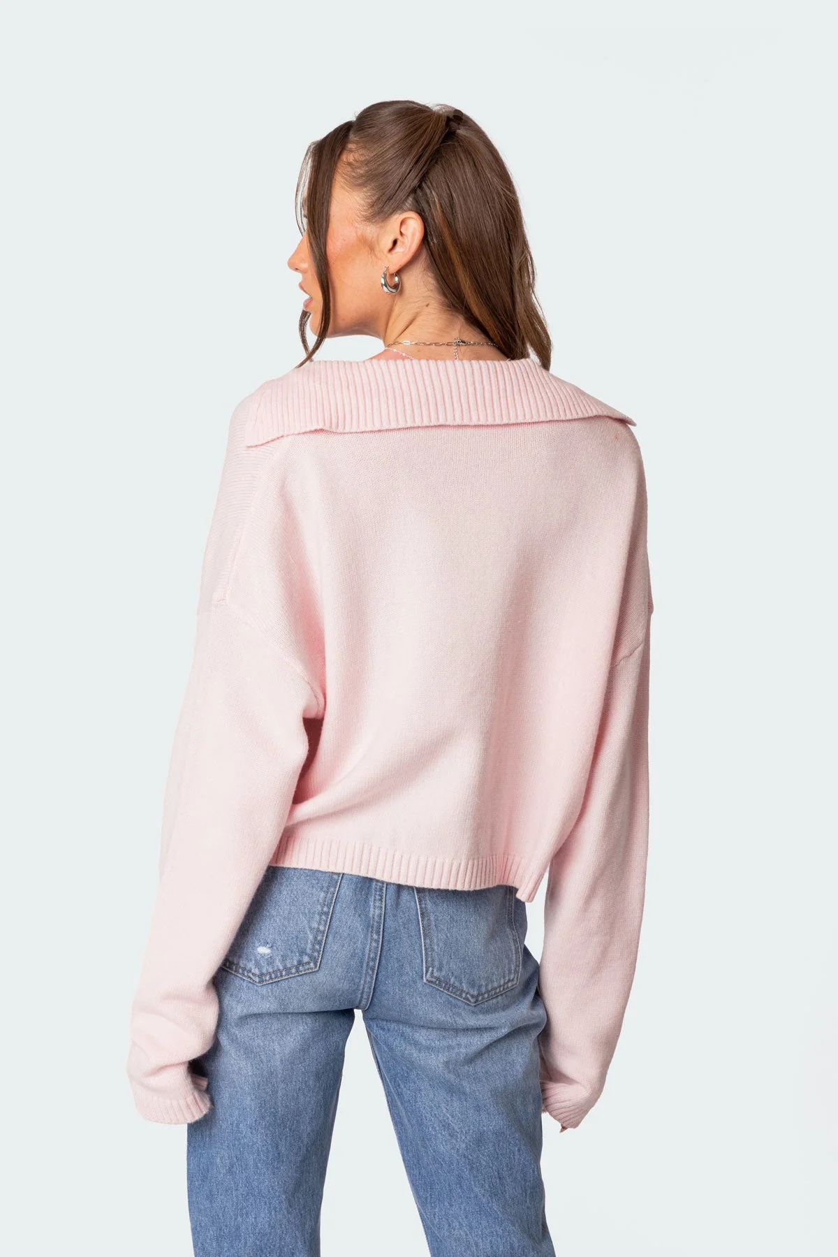 Light Pink Oversize V-Neck Cropped Sweater