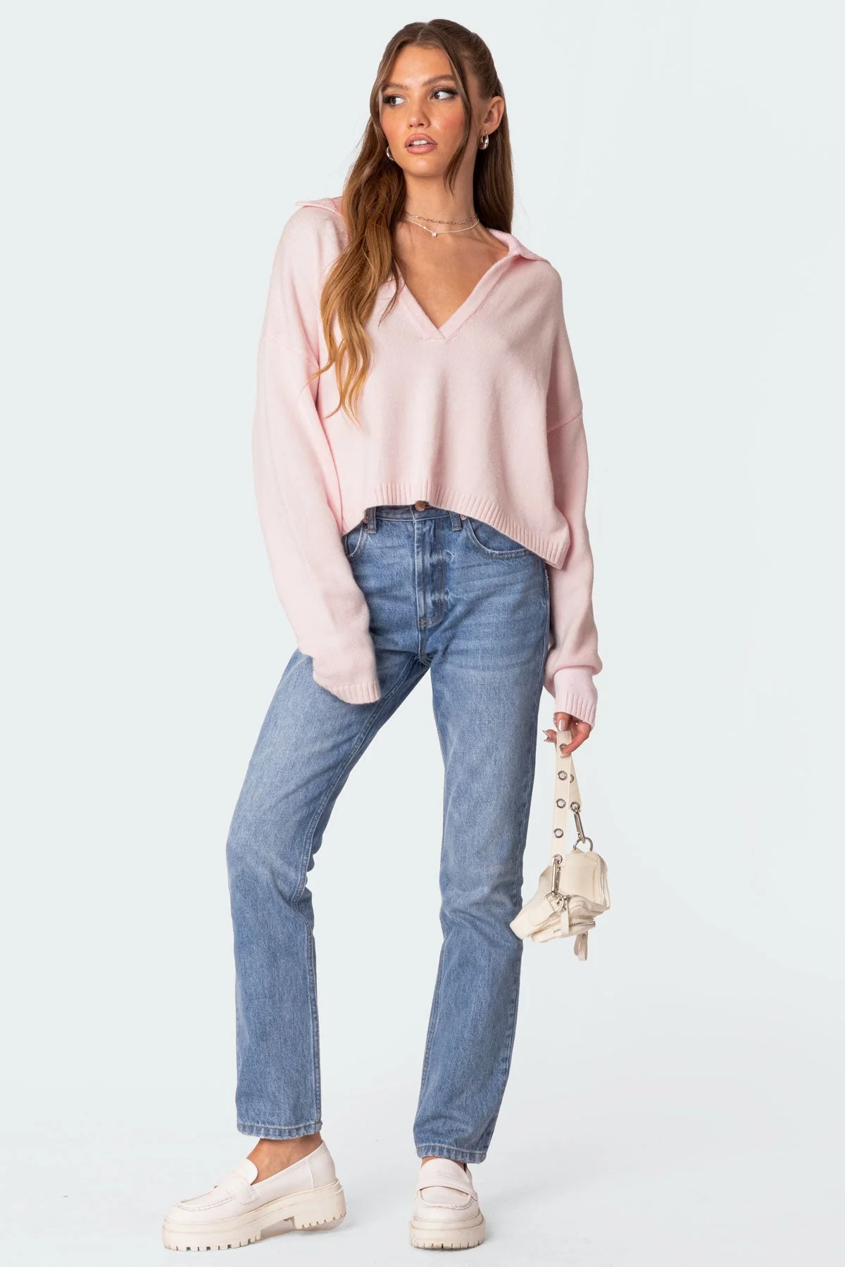 Light Pink Oversize V-Neck Cropped Sweater