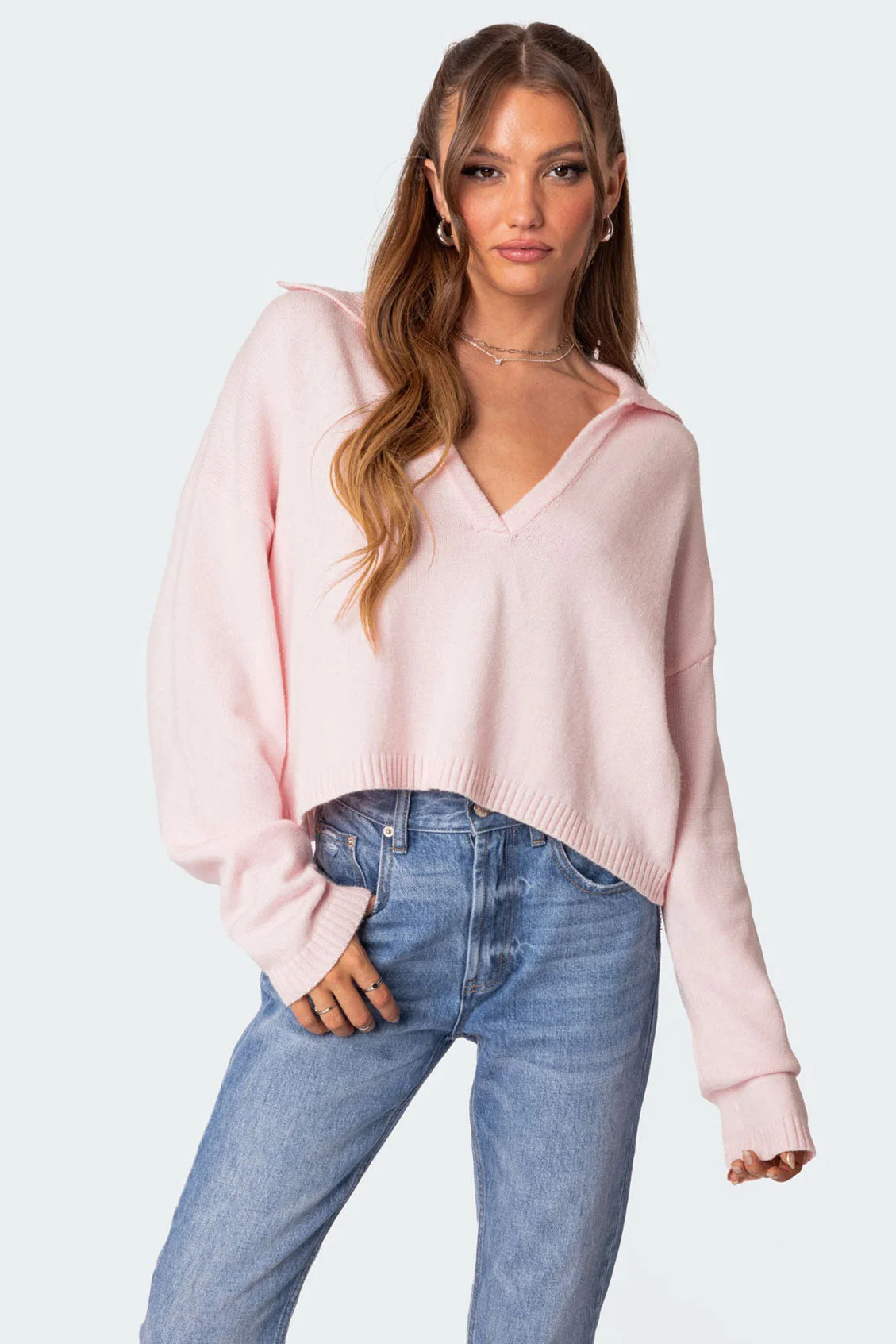 Light Pink Oversize V-Neck Cropped Sweater