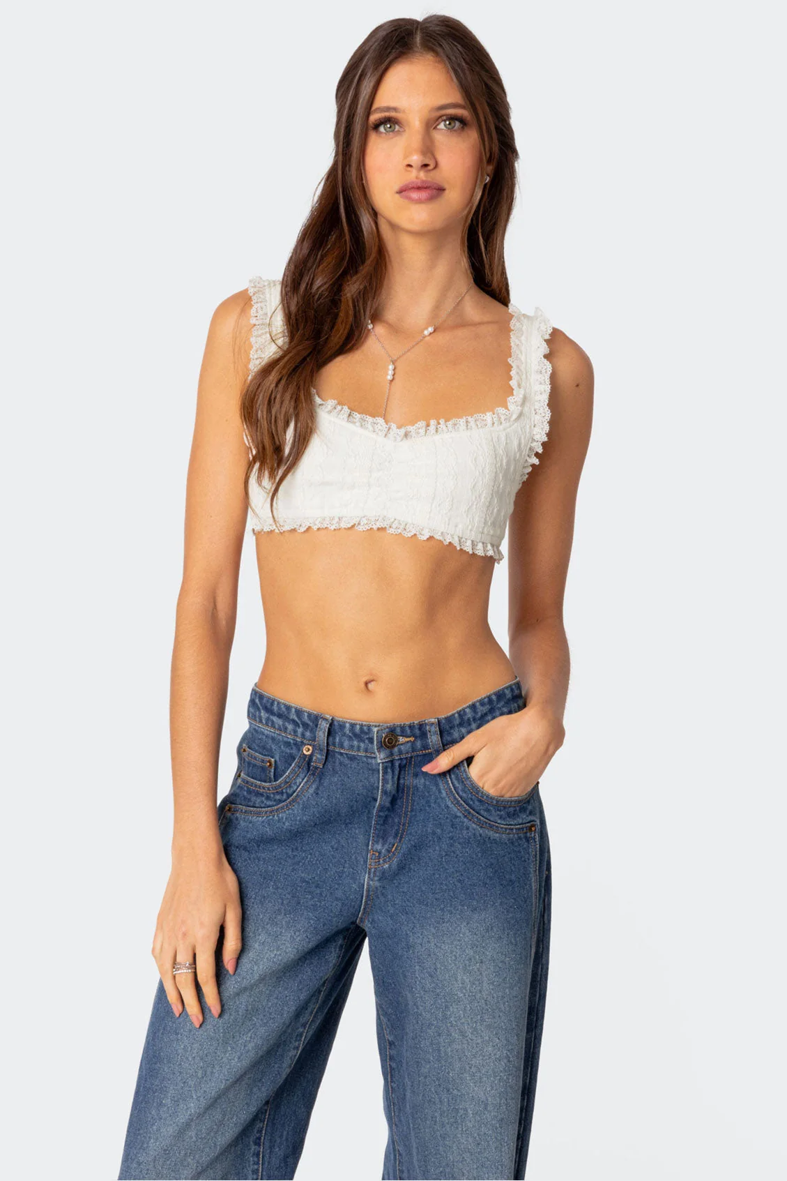 White Lace Detail Crop Top Adjustable Straps