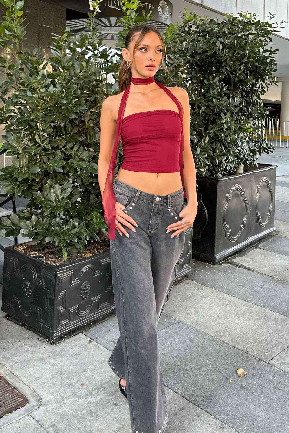 Red Mesh Strapless Top with Matching Scarf