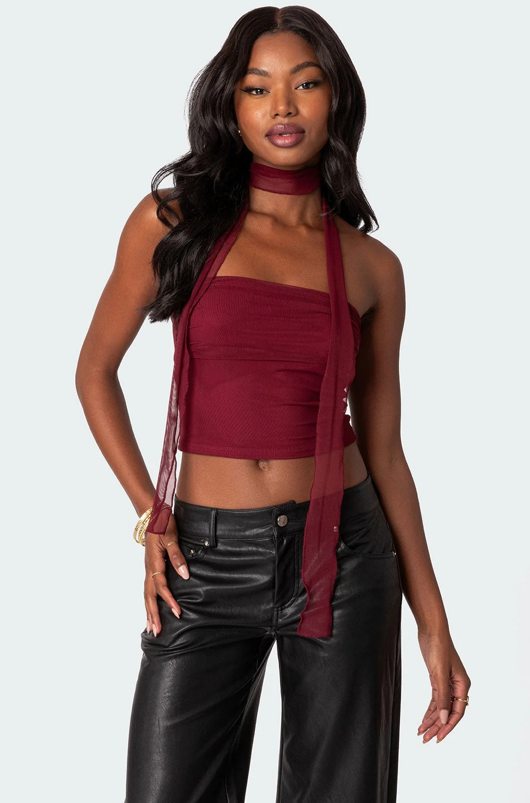Red Mesh Strapless Top with Matching Scarf