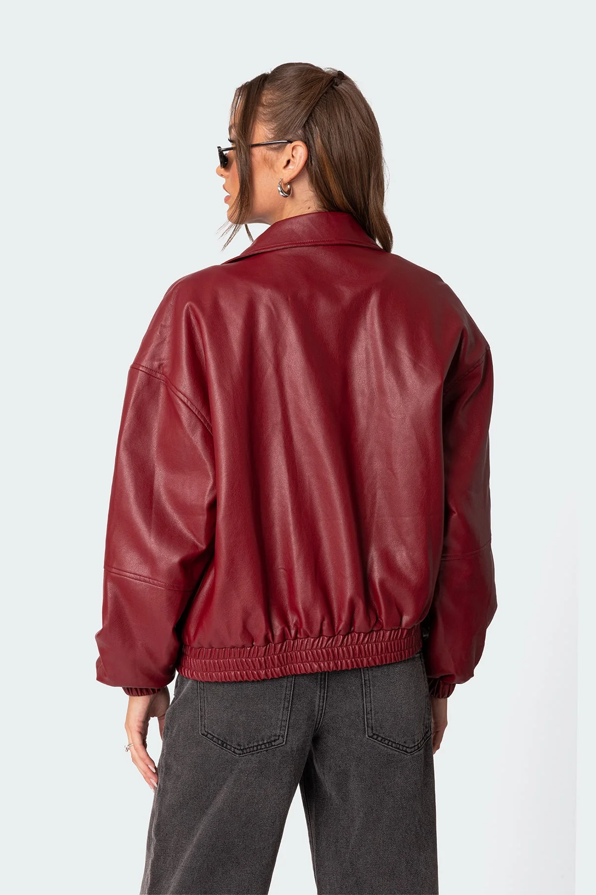 Faux Leather Bomber Jacket in Bordu Color