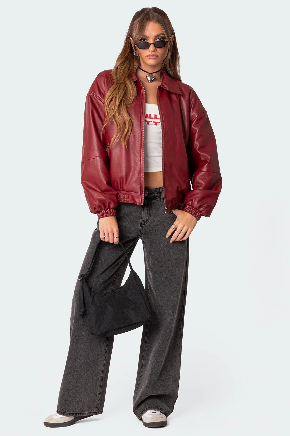 Faux Leather Bomber Jacket in Bordu Color