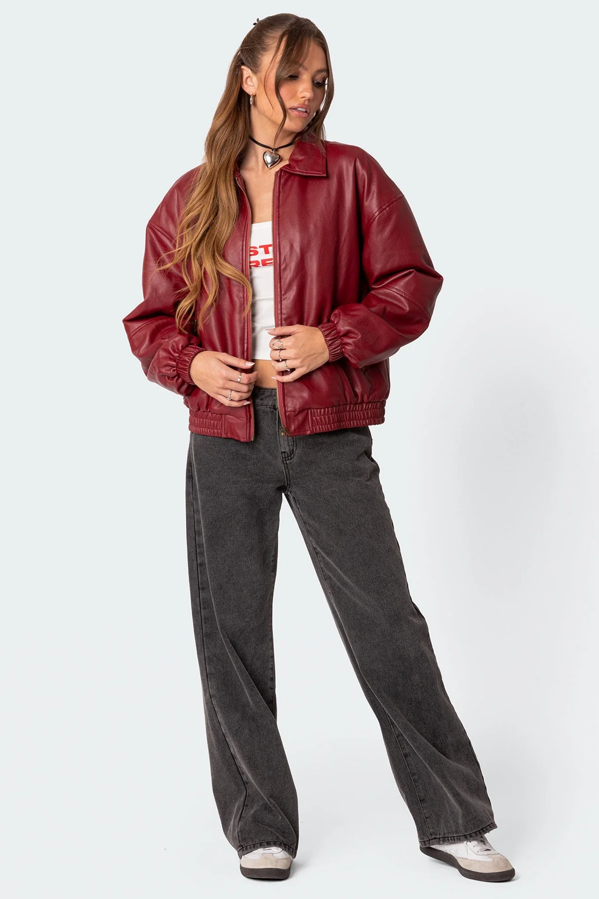 Faux Leather Bomber Jacket in Bordu Color
