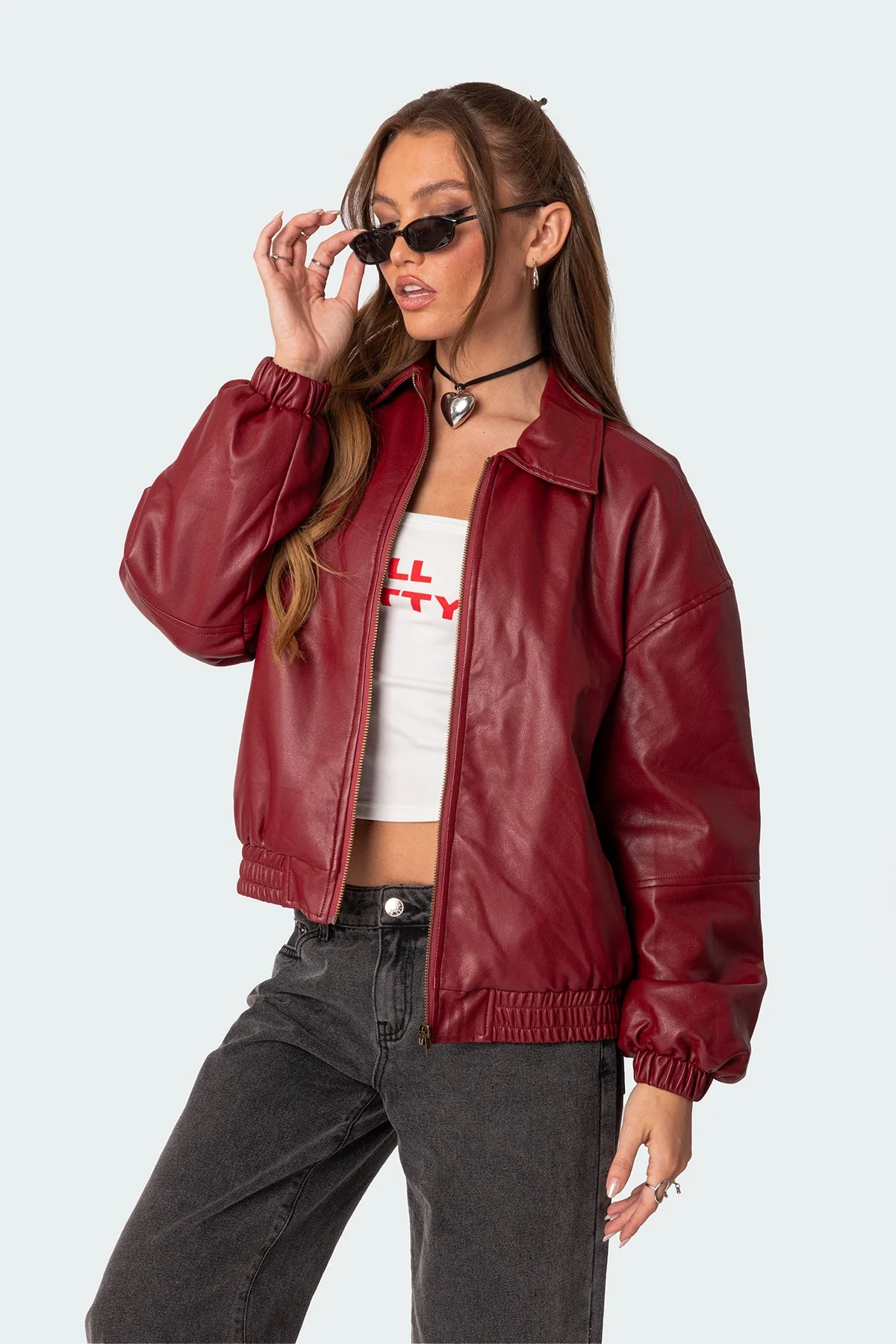 Faux Leather Bomber Jacket in Bordu Color