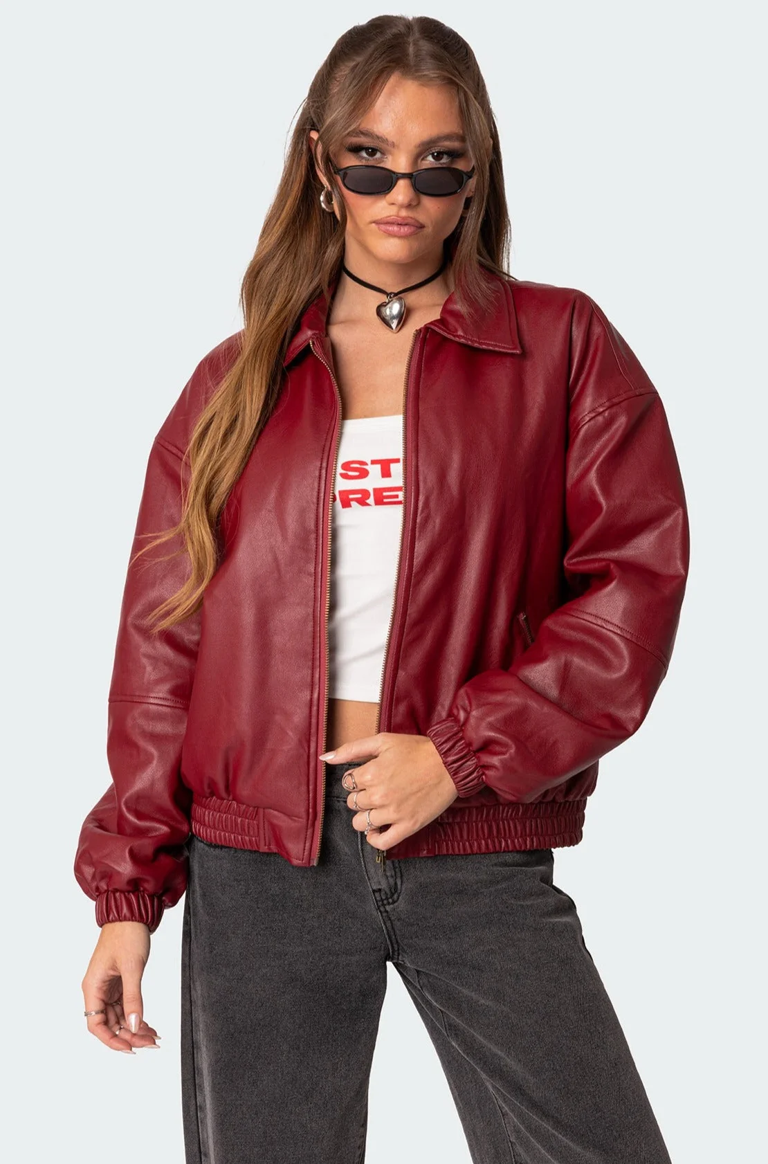 Faux Leather Bomber Jacket in Bordu Color