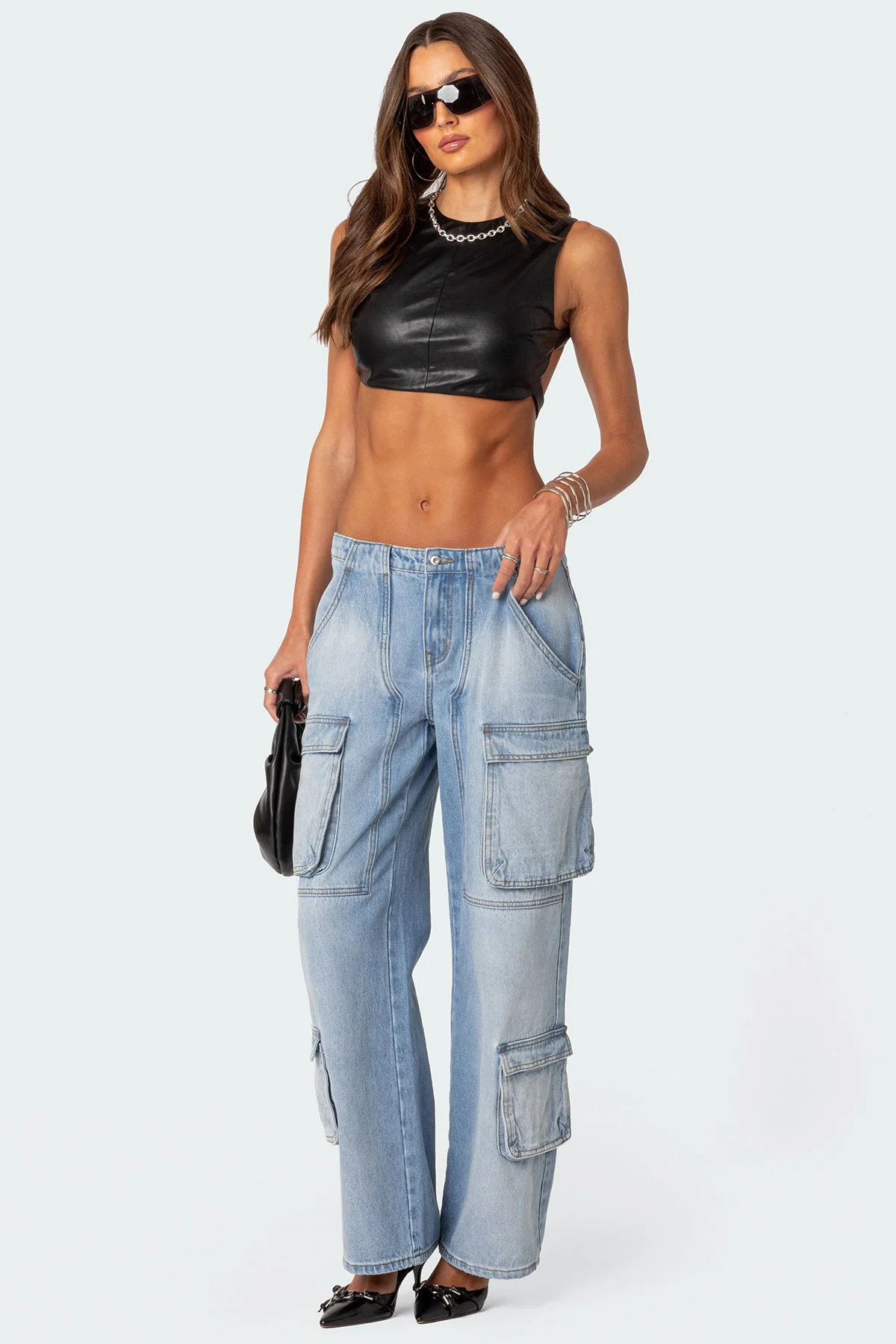 Black Faux Leather Open Back Crop Top