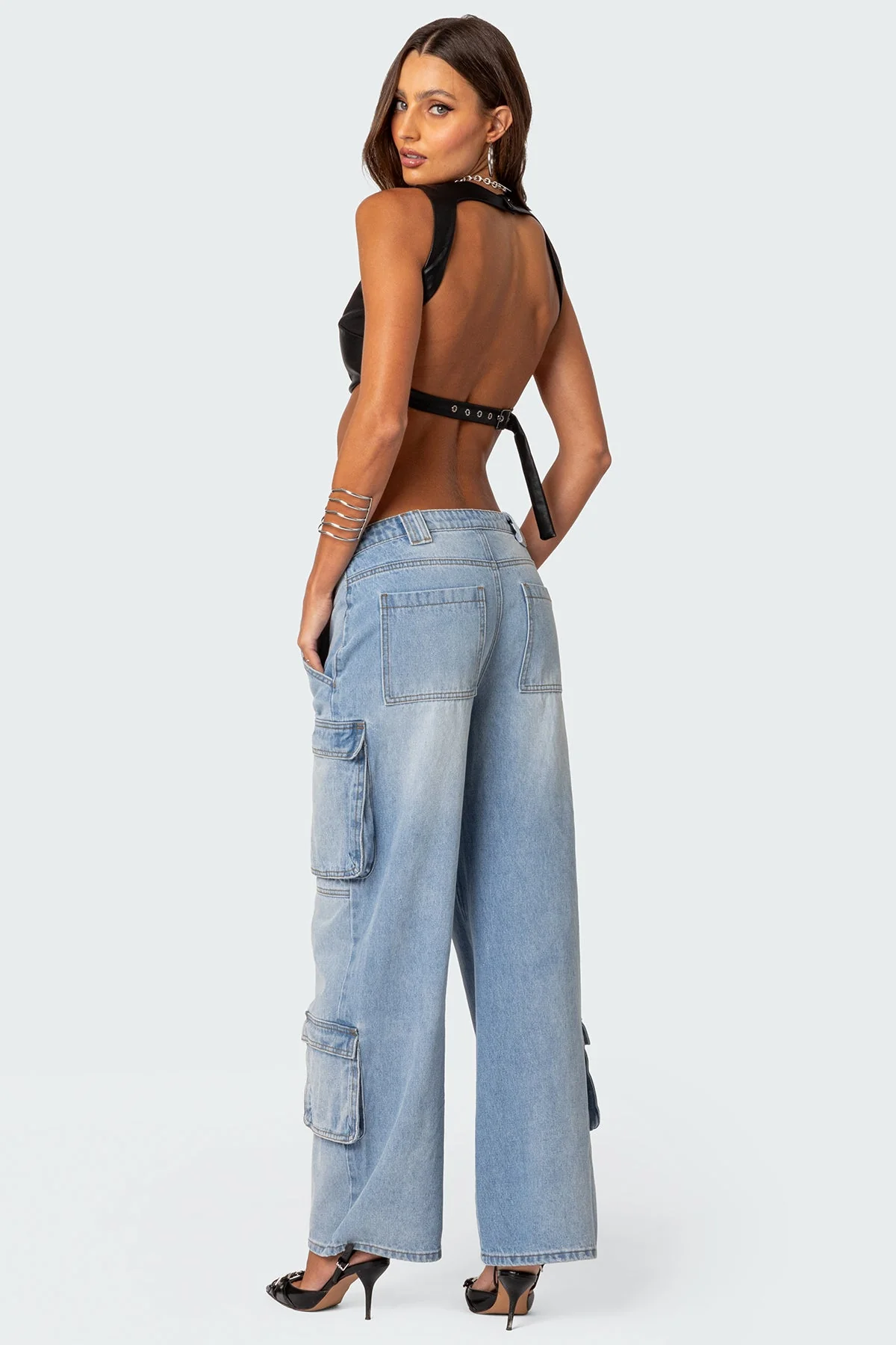 Black Faux Leather Open Back Crop Top