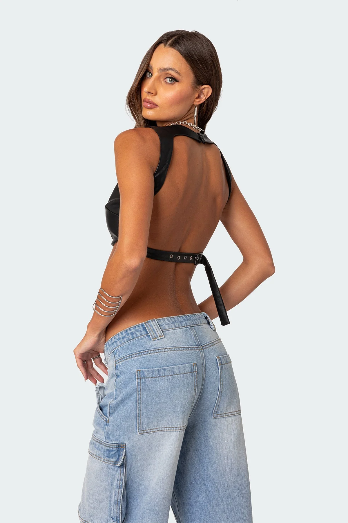 Black Faux Leather Open Back Crop Top