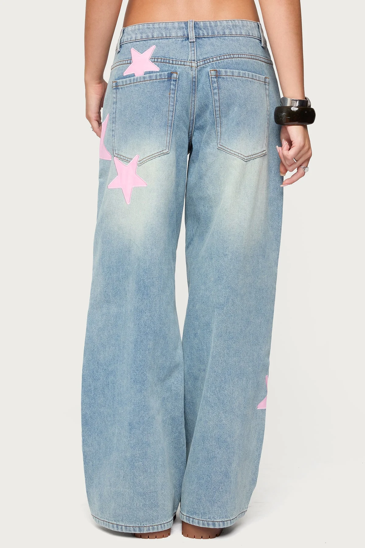 Blue Satin Effect Star Embroidered Jeans