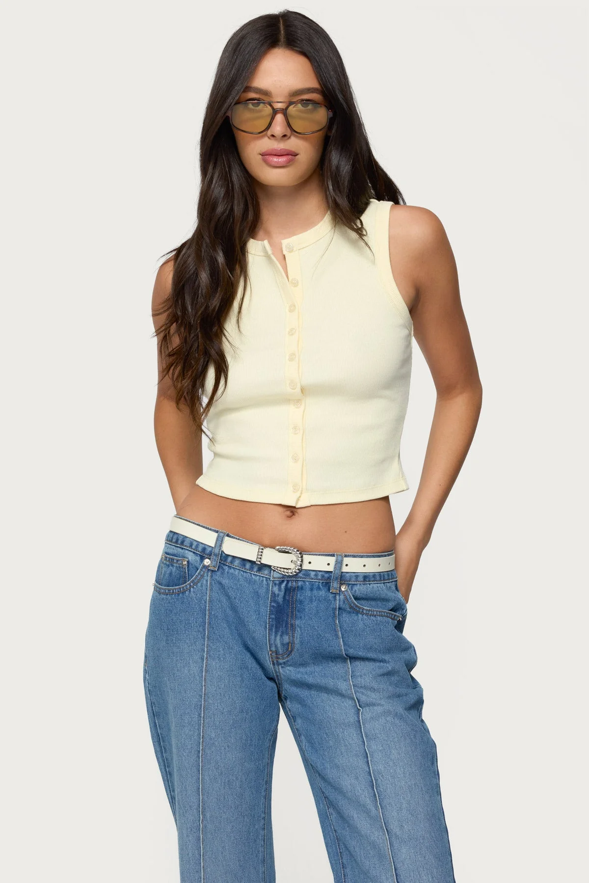 Yellow Cotton Button Up Tank Top
