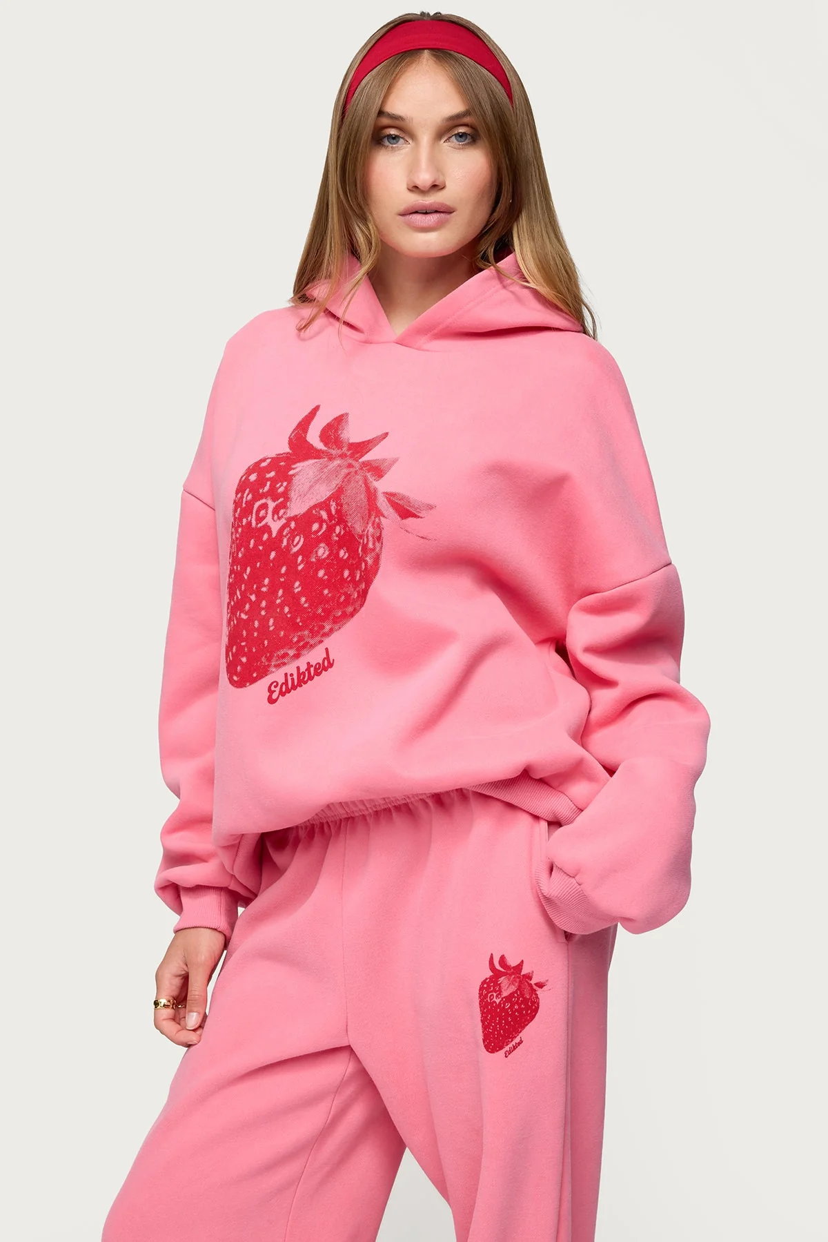 Graphic Print Strawberry Hoodie in Pink - Stylish Edikted Design