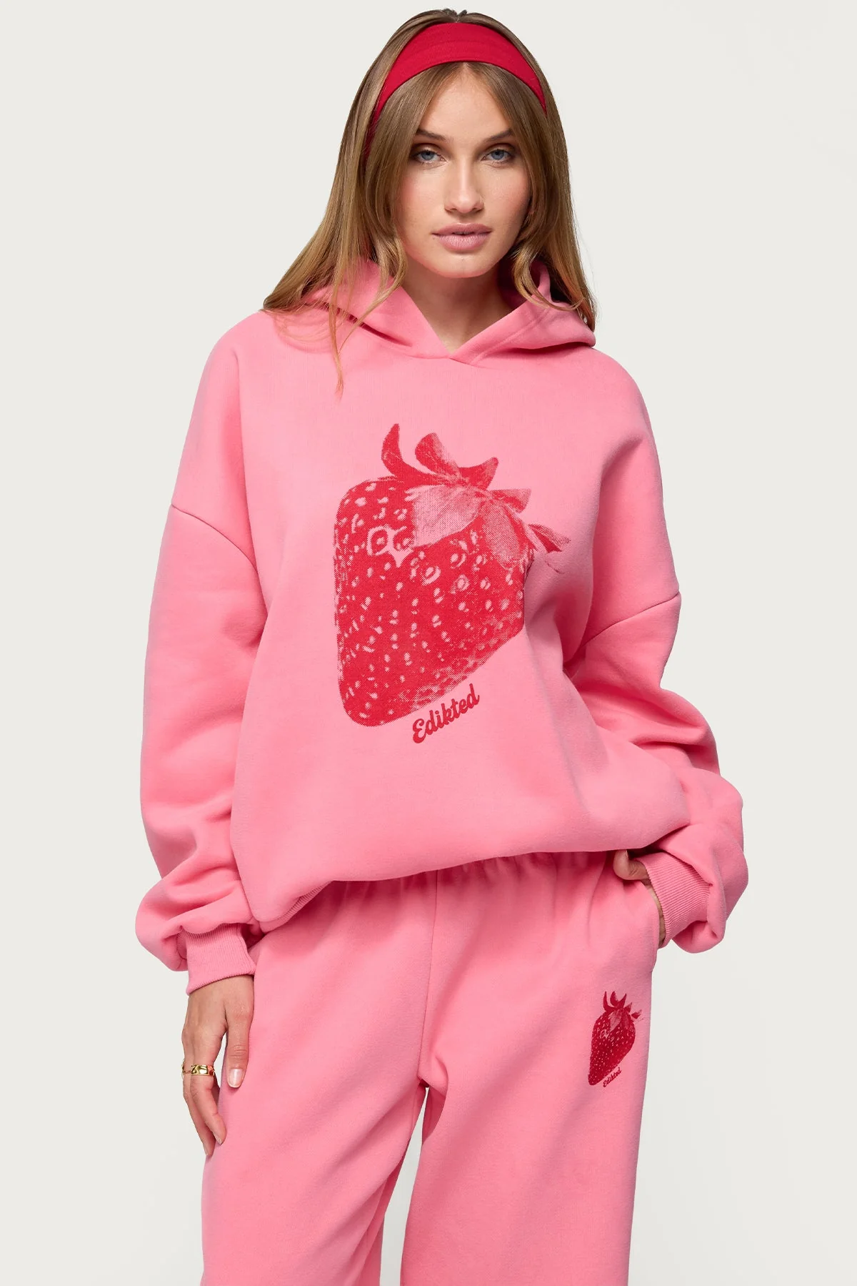 Graphic Print Strawberry Hoodie in Pink - Stylish Edikted Design