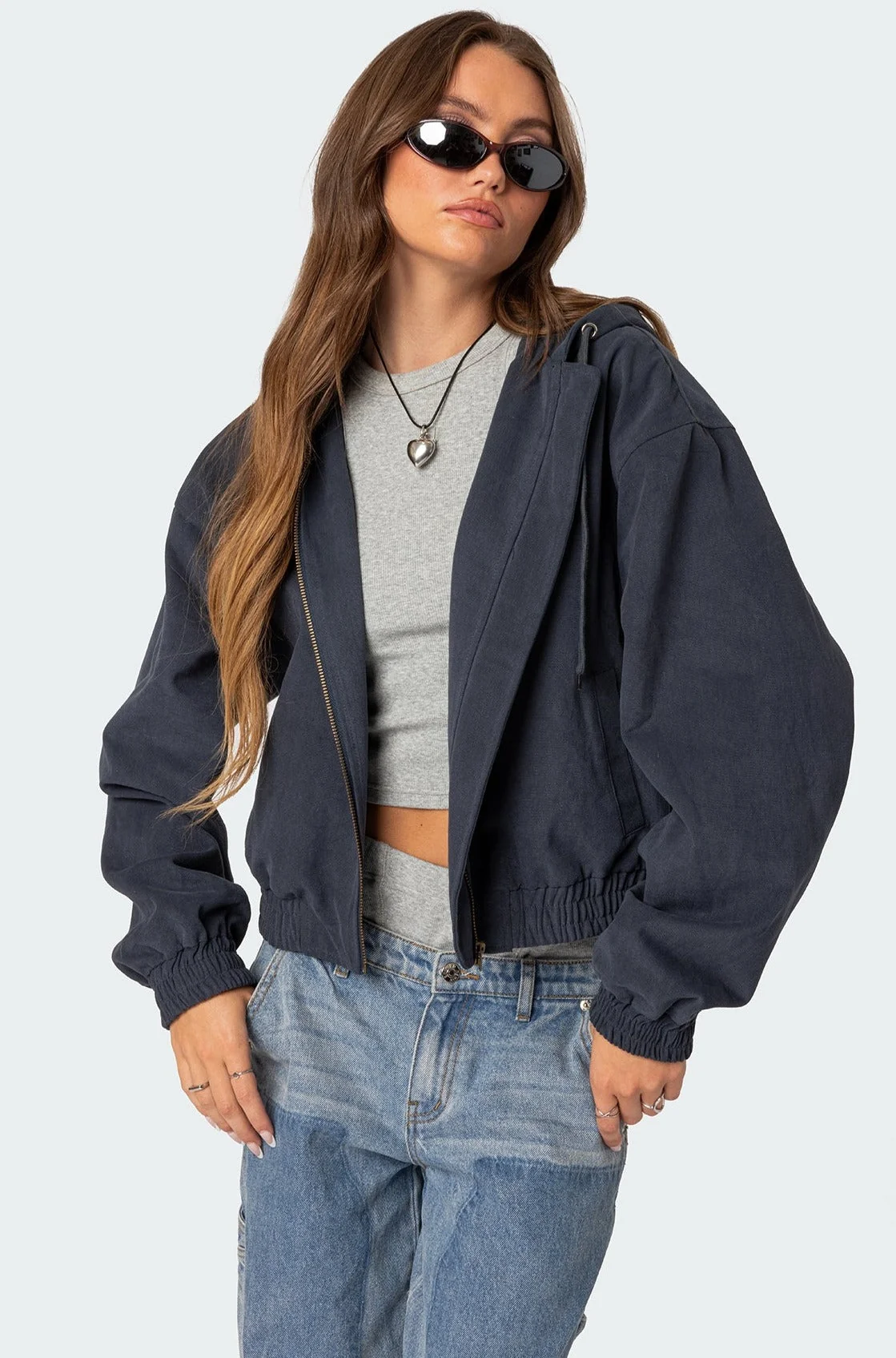 Navy Canvas Oversized Zip Jacket