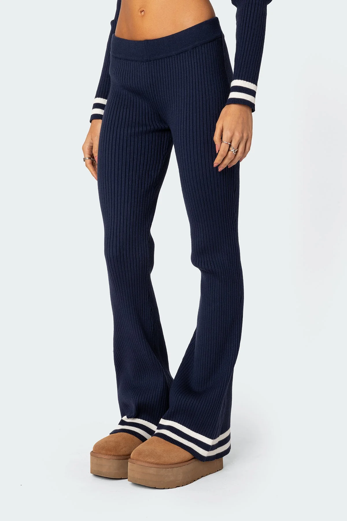 Navy Ribbed Flare Pants Set