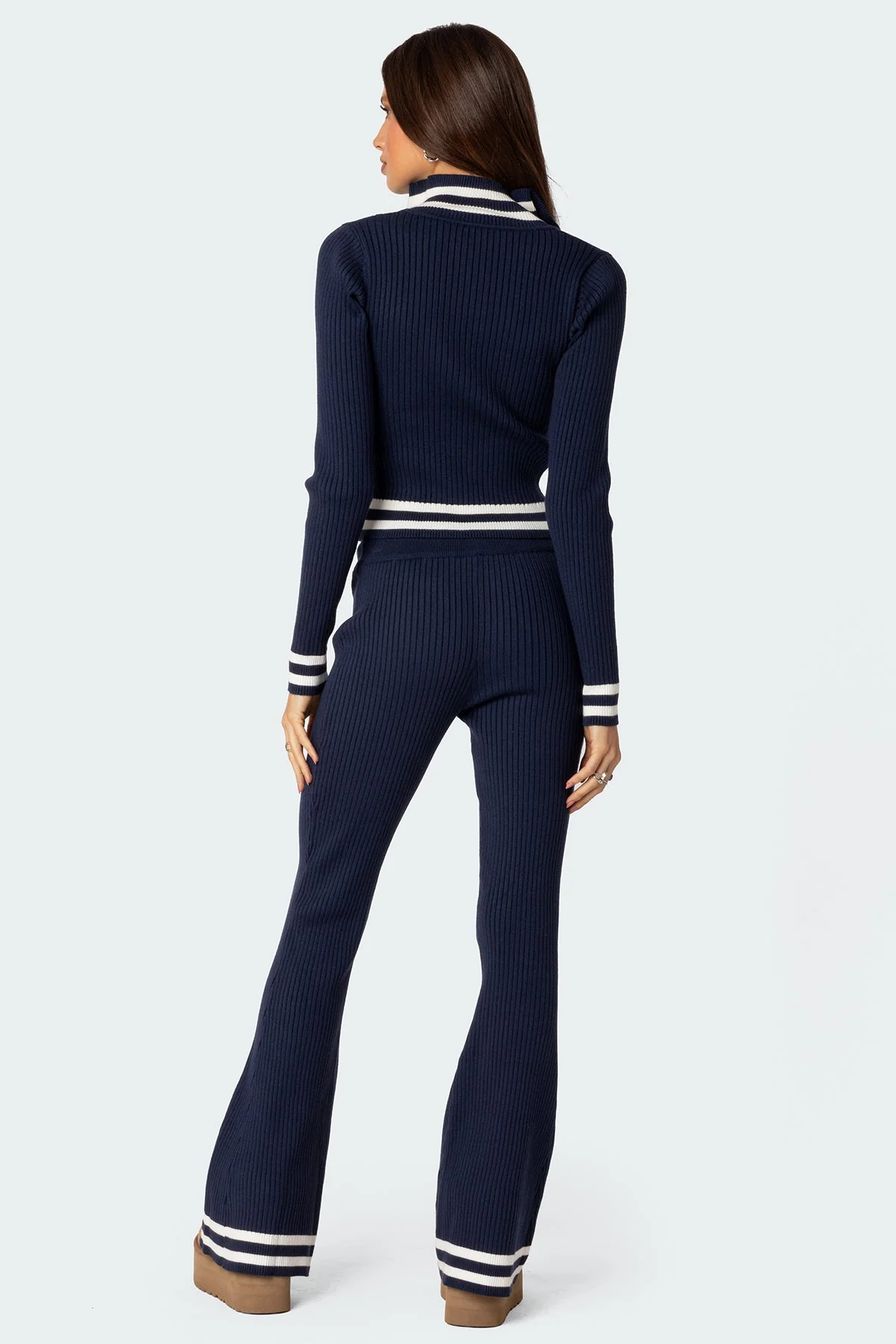 Navy Ribbed Flare Pants Set