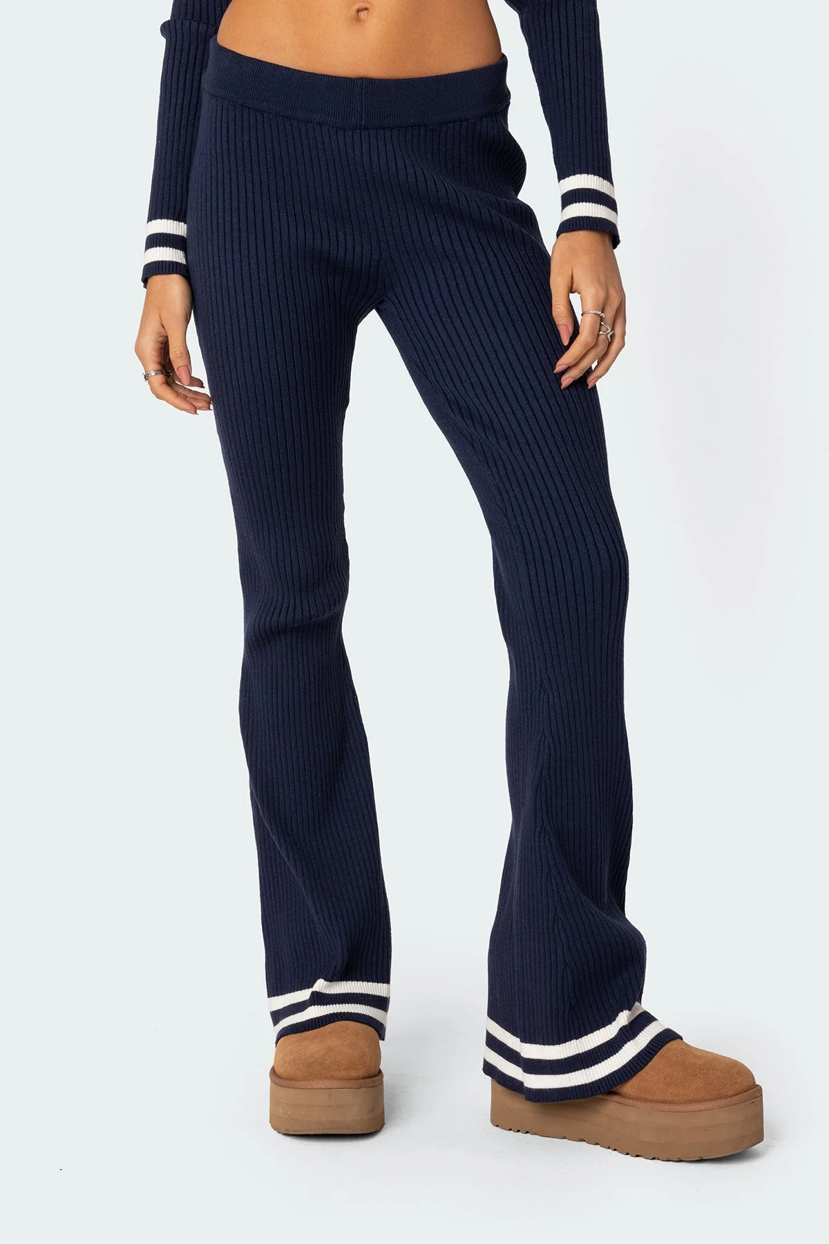 Navy Ribbed Flare Pants Set