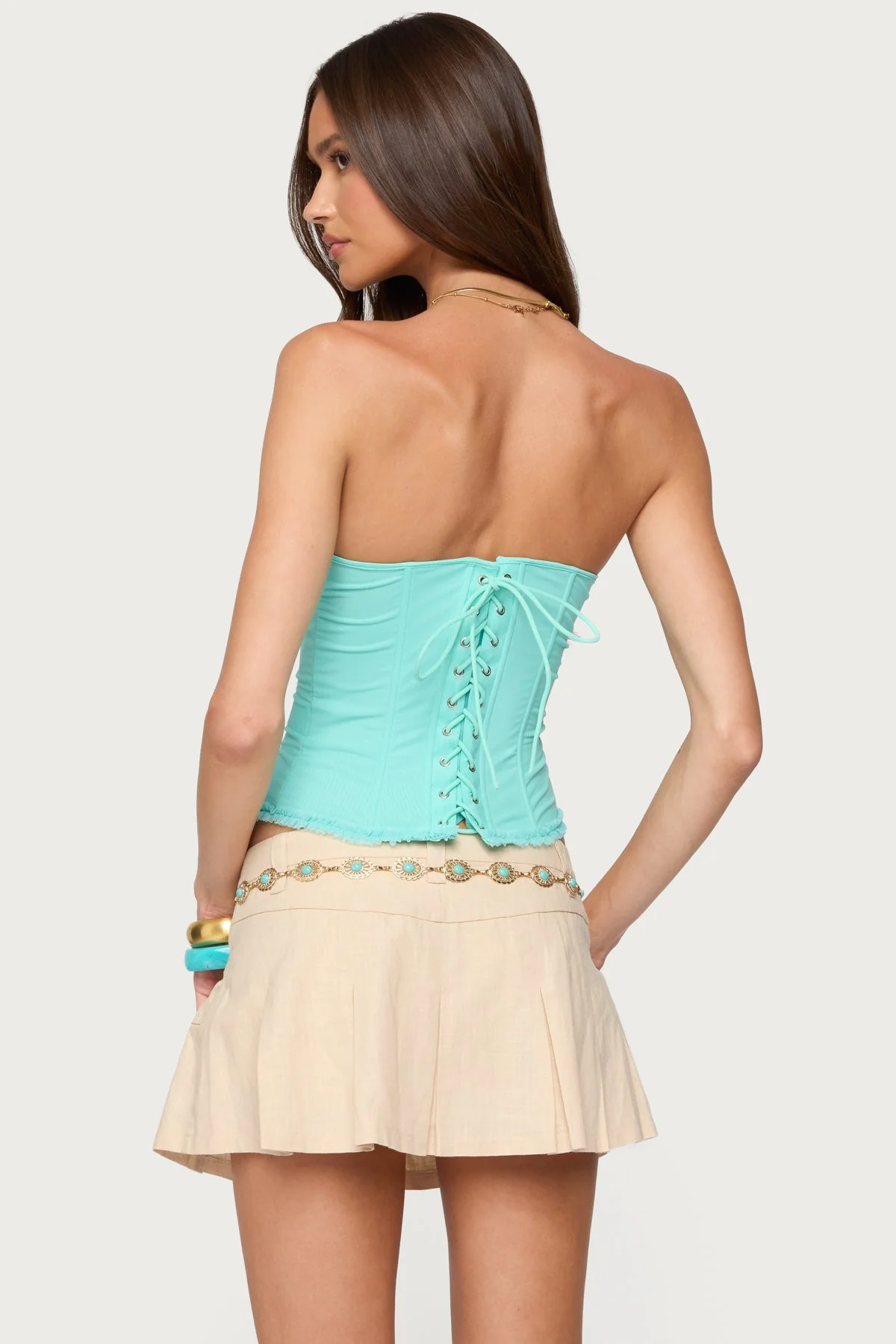 Turquoise Mesh Lace-Up Corset Top