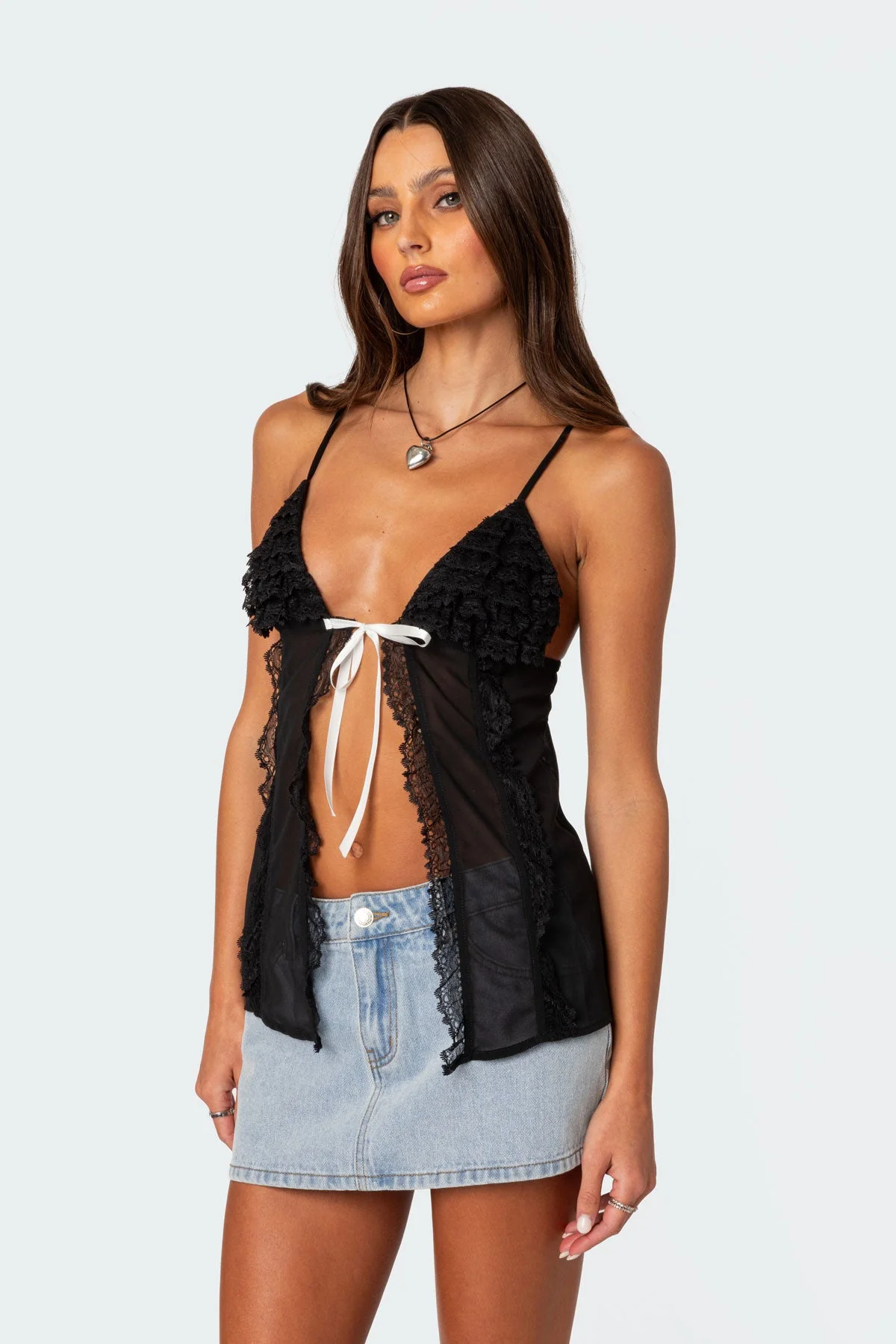 Sheer Black Split Front Top for Women