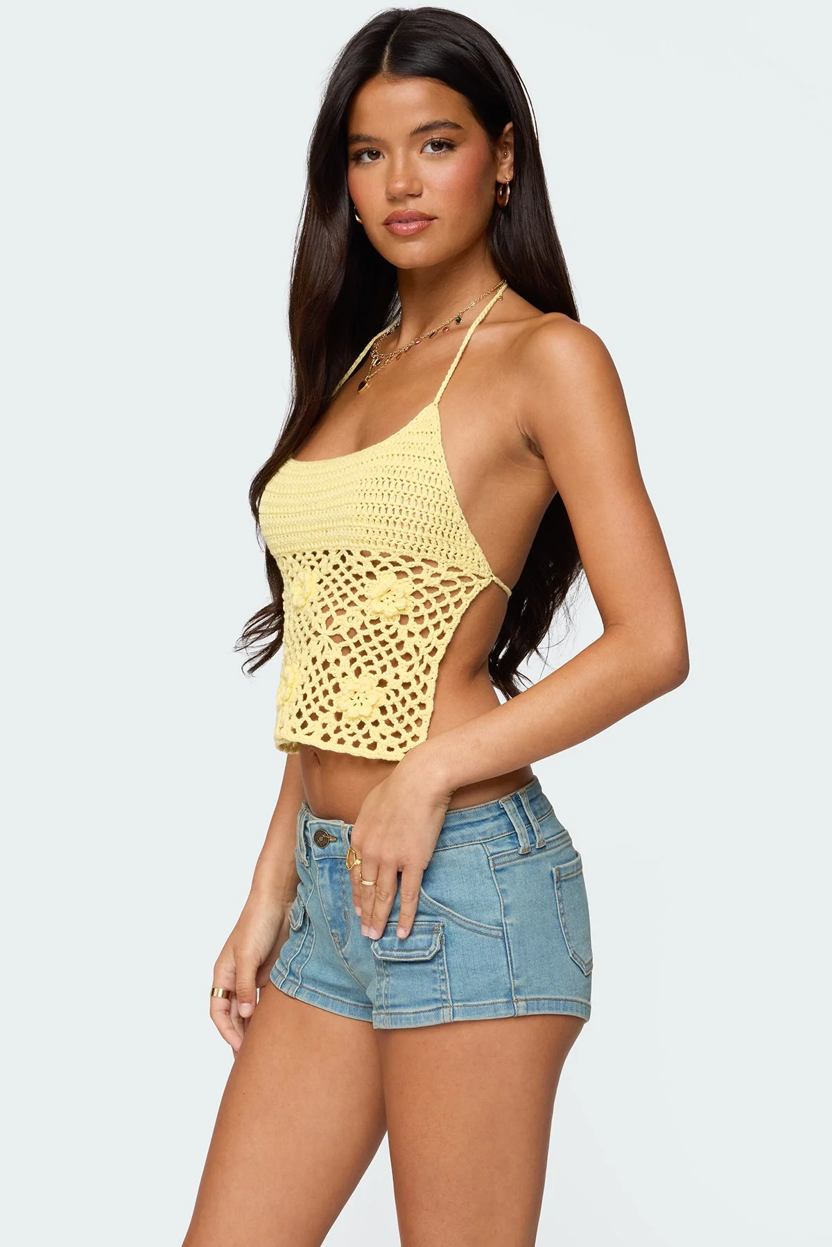 Yellow Crochet Halter Top | Flower Detailing