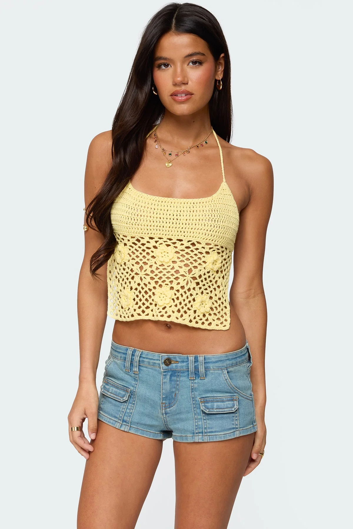 Yellow Crochet Halter Top | Flower Detailing