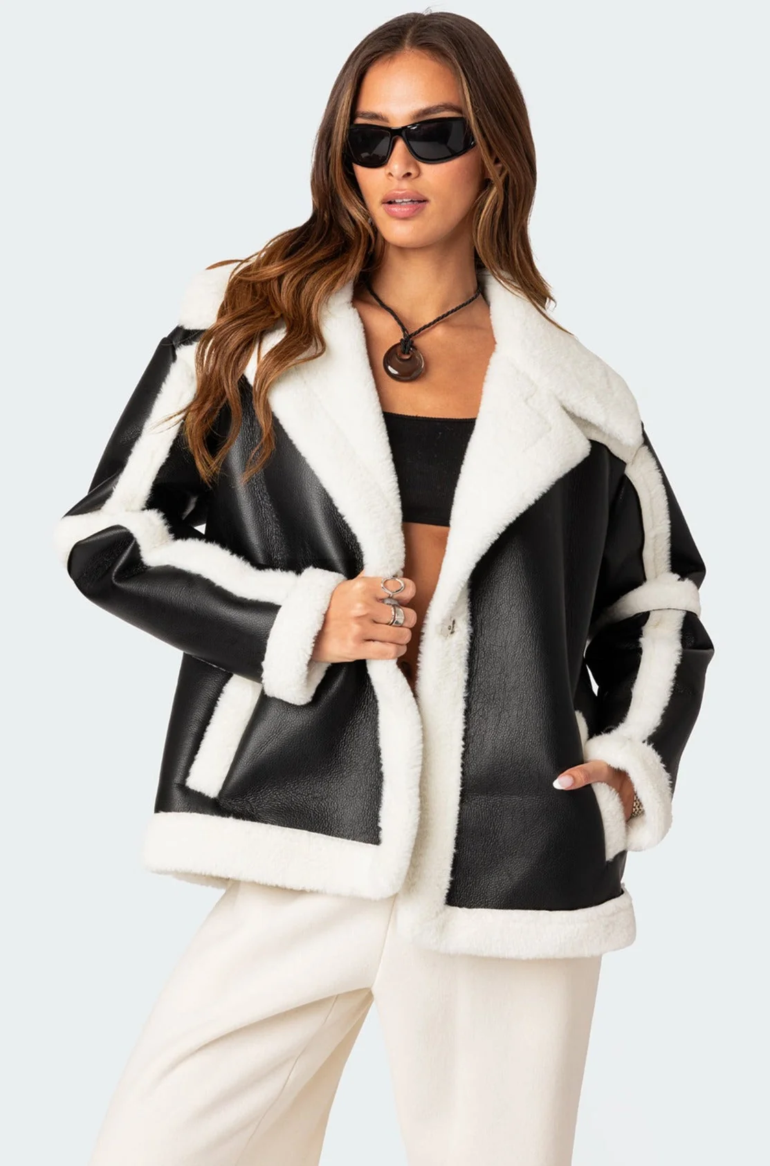 Black Shearling Oversized Jacket Snap Button Closure