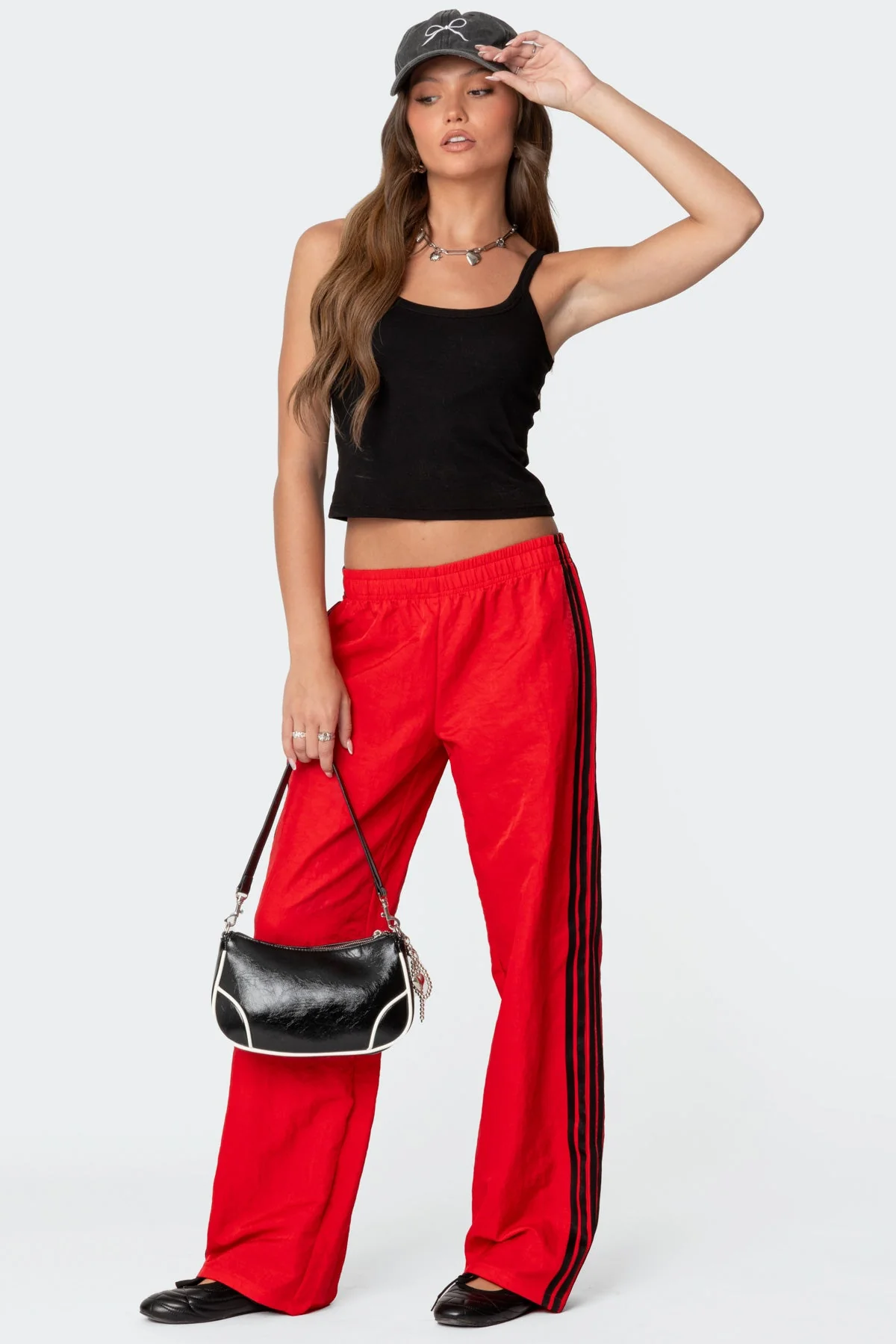 Red Nylon Elastic Waist Track Pants XS-XXL