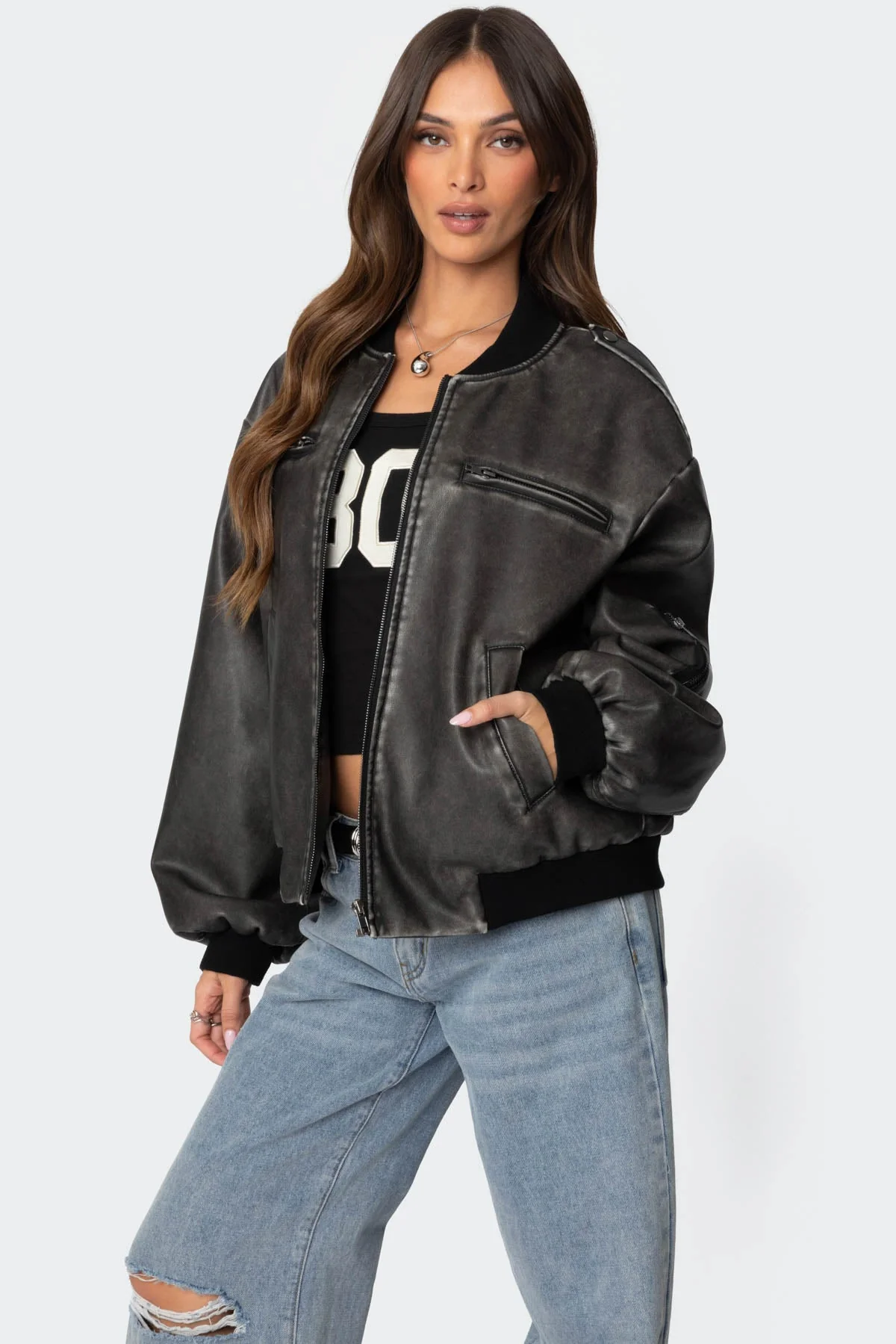Gray Washed Faux Leather Bomber Jacket