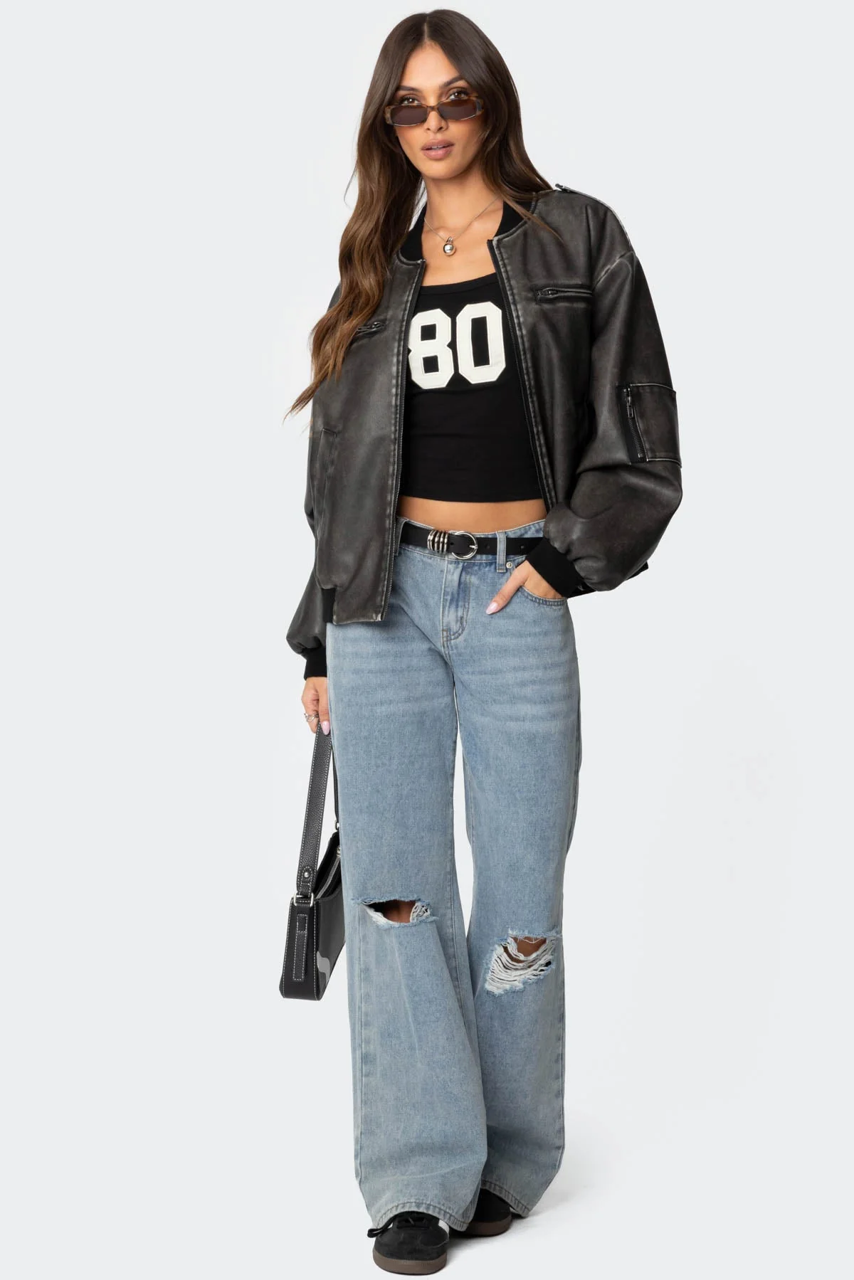 Gray Washed Faux Leather Bomber Jacket