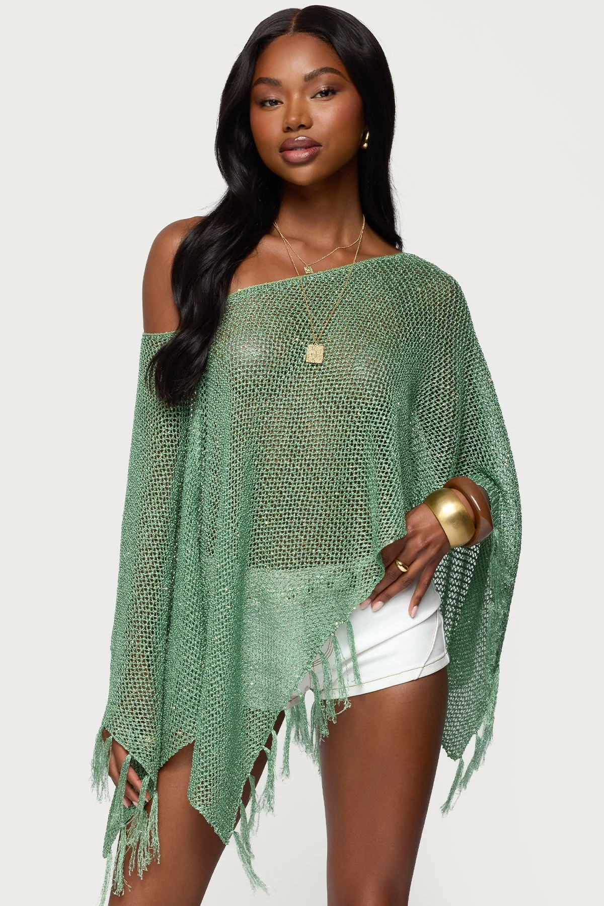 Green Sequin Fringe Knit Poncho XS/XL
