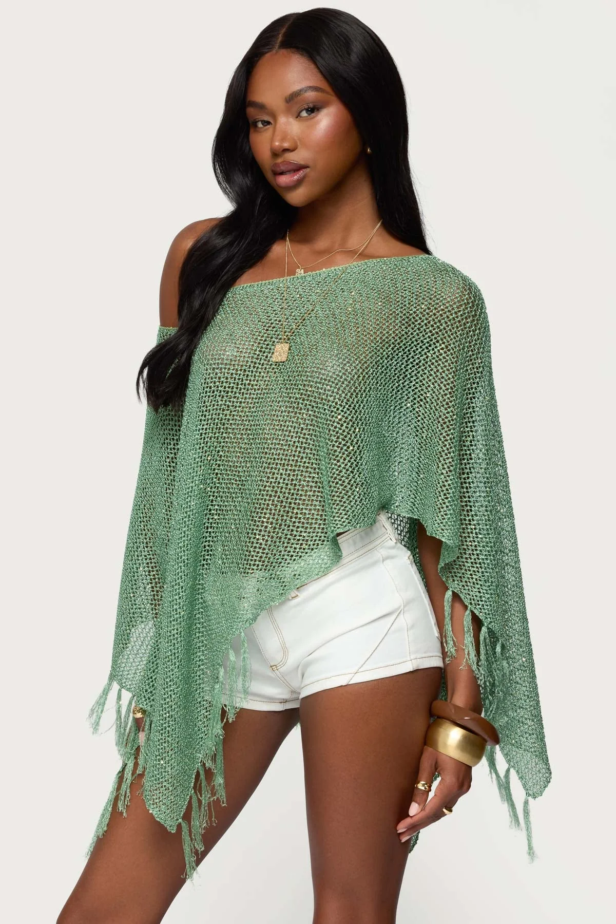 Green Sequin Fringe Knit Poncho XS/XL