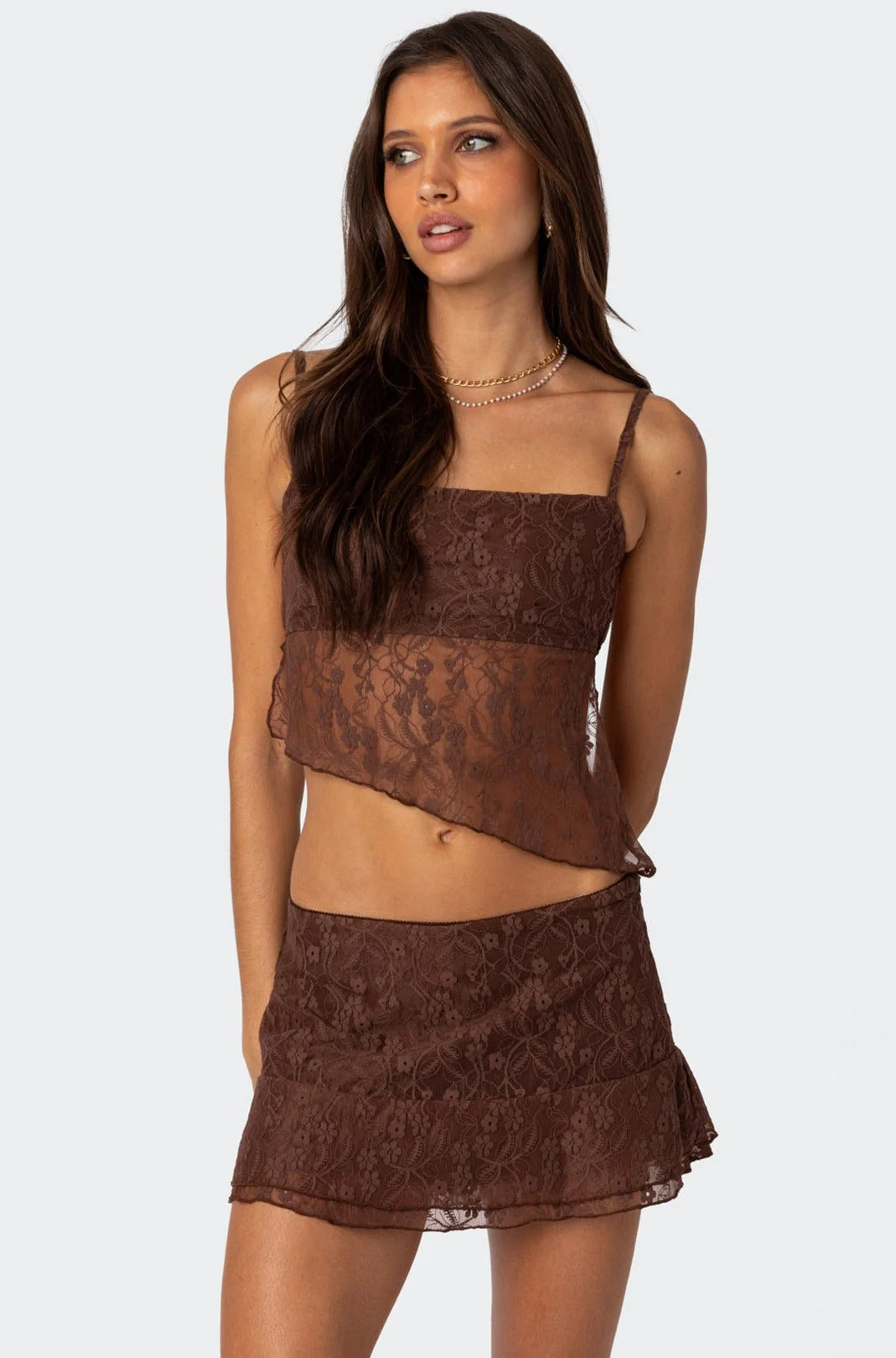 Brown Lace Open Back Tank Top - Adjustable Straps