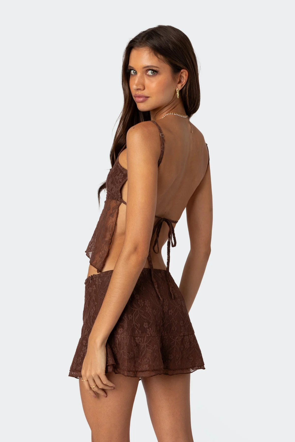 Brown Lace Open Back Tank Top - Adjustable Straps