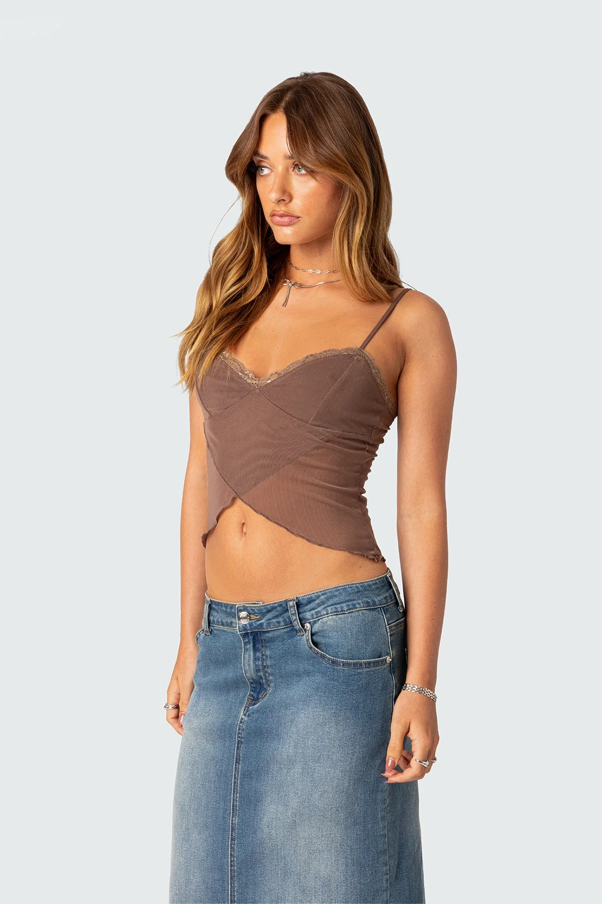 Brown Mesh Crop Top with Adjustable Straps