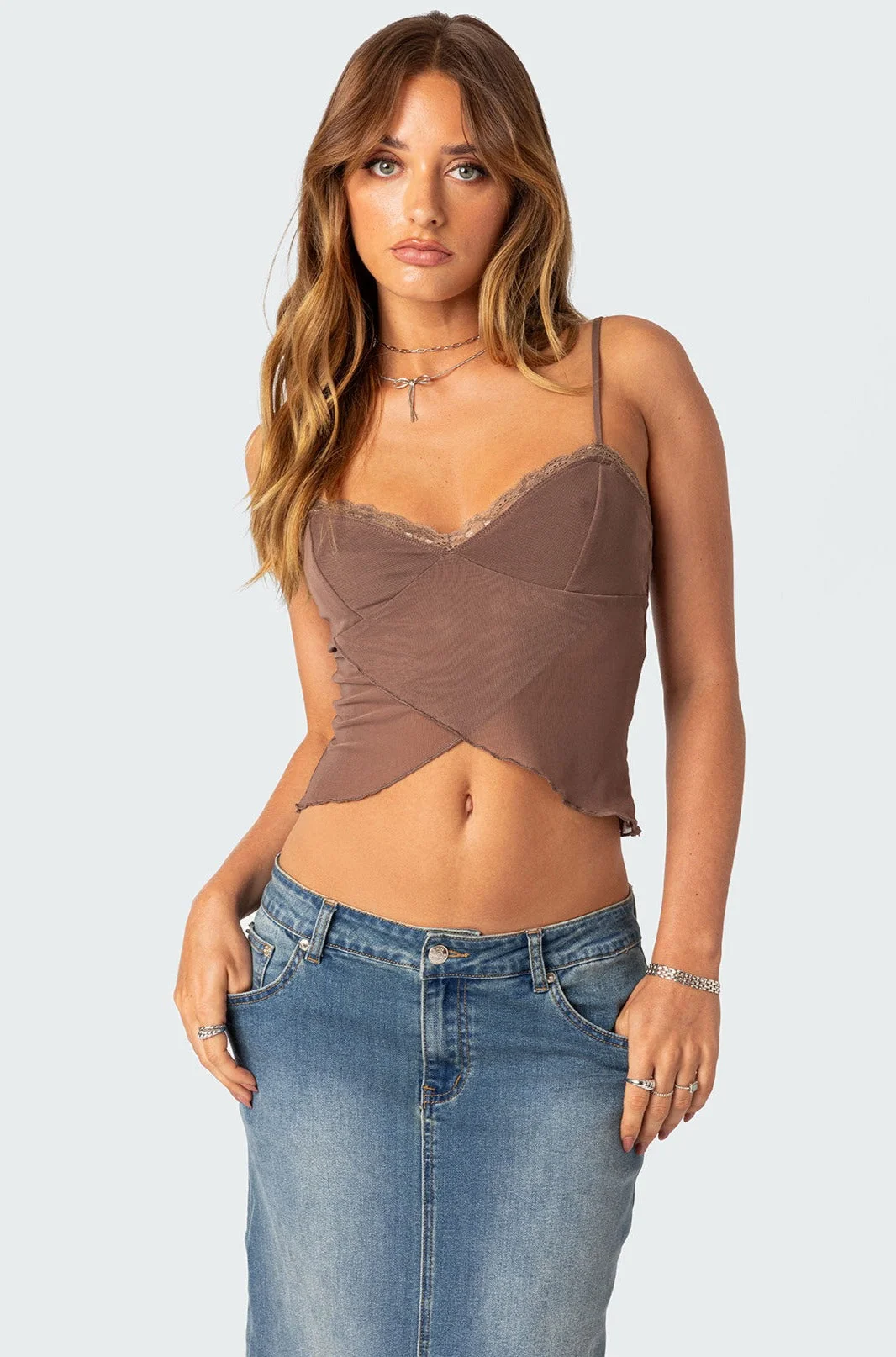 Brown Mesh Crop Top with Adjustable Straps