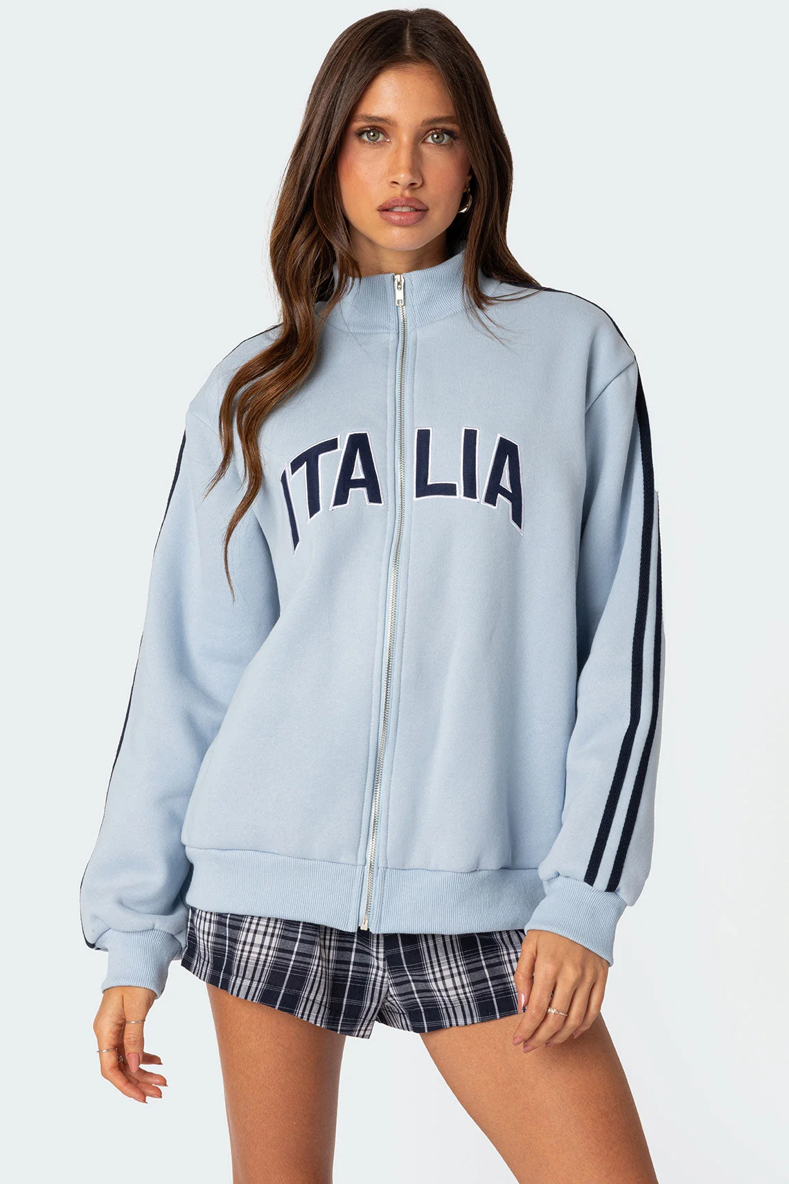 Light Blue Striped Sleeve Track Jacket for Women