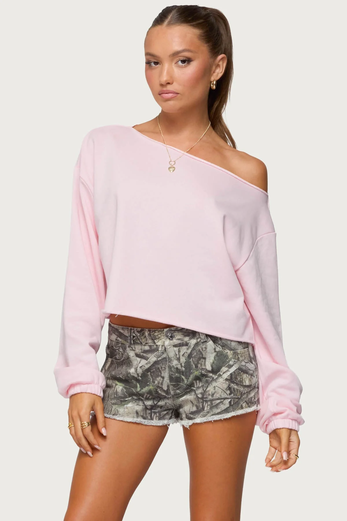 Light Pink Off Shoulder Sweatshirt Womens Casual Fashion Top