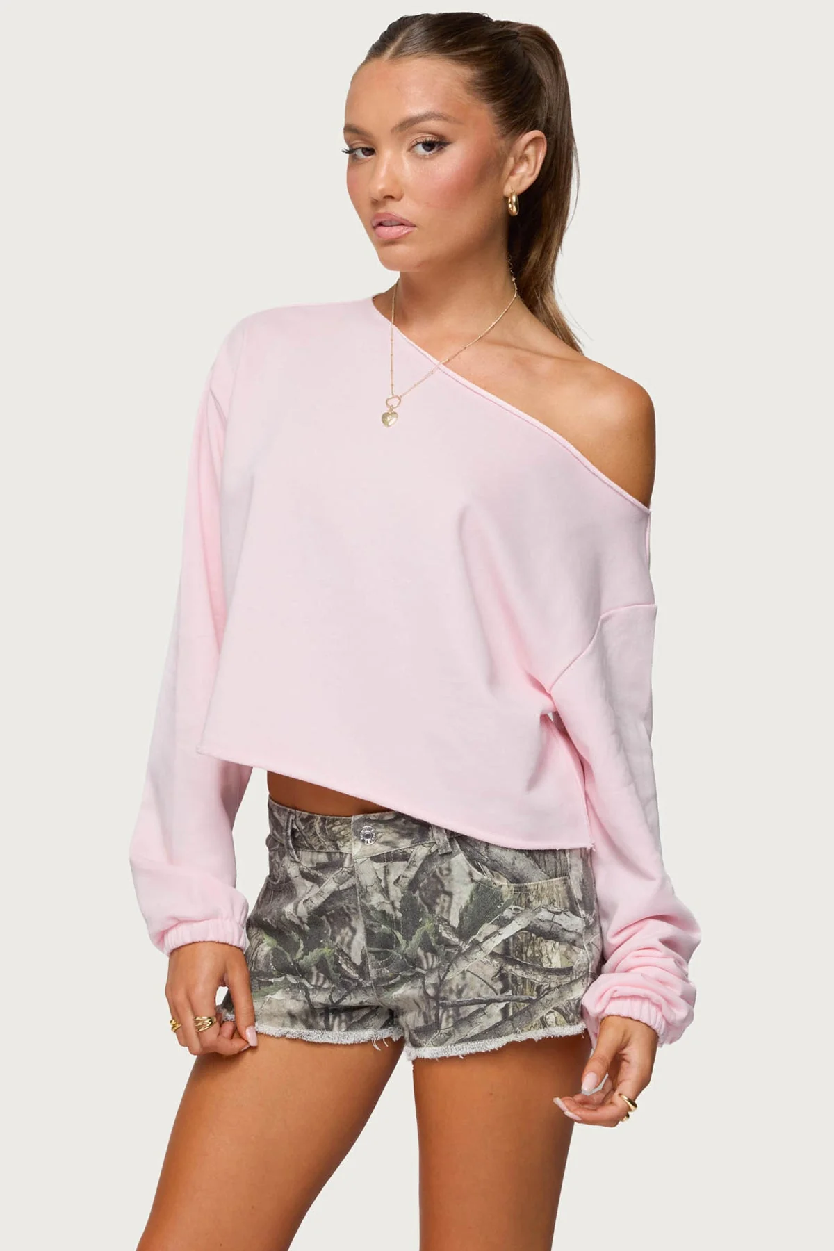 Light Pink Off Shoulder Sweatshirt Womens Casual Fashion Top