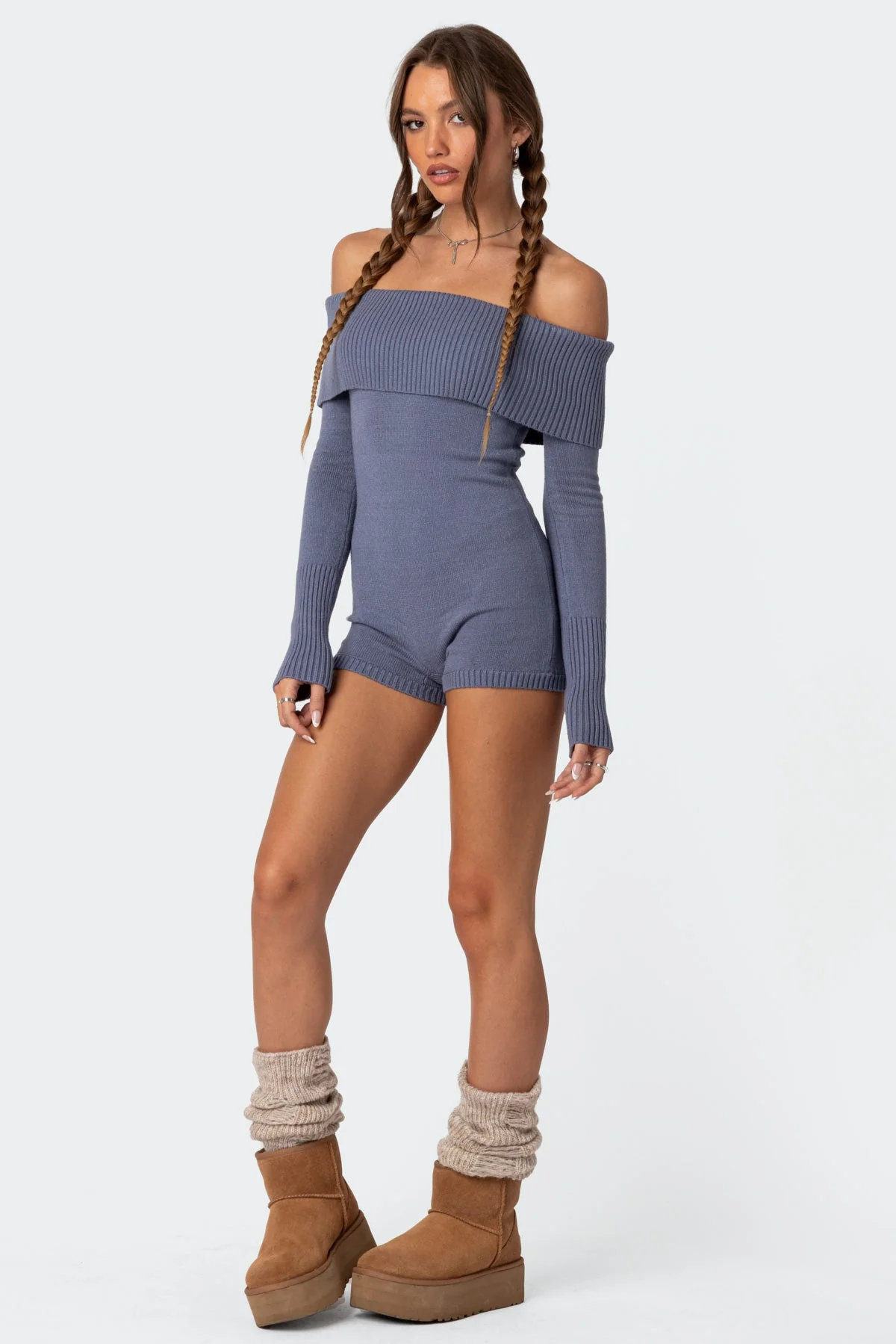 Blue Knitted Off Shoulder Jumpsuit